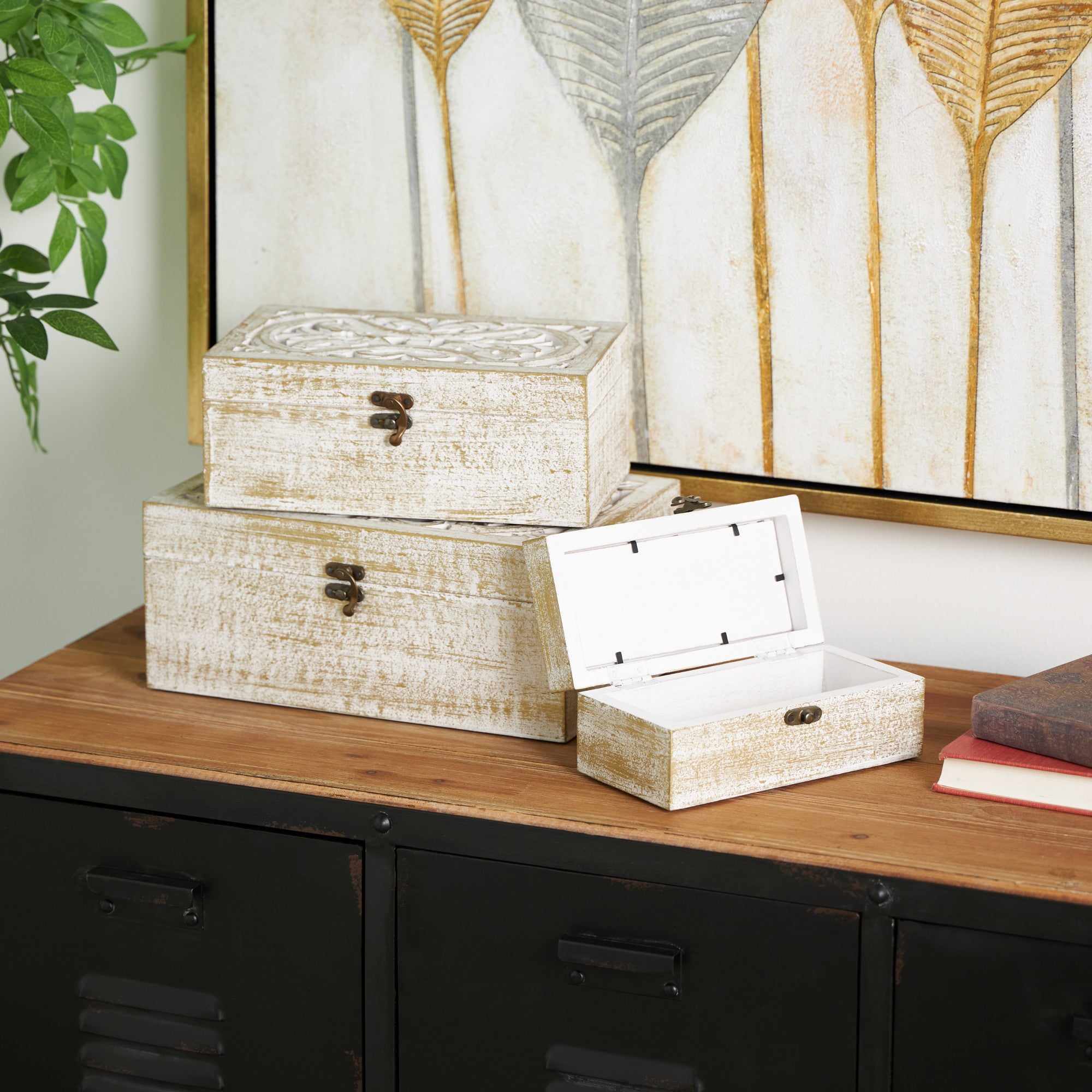 Set of 3 Floral White Mango Wood Handmade Decorative Box with Hinged Lid
