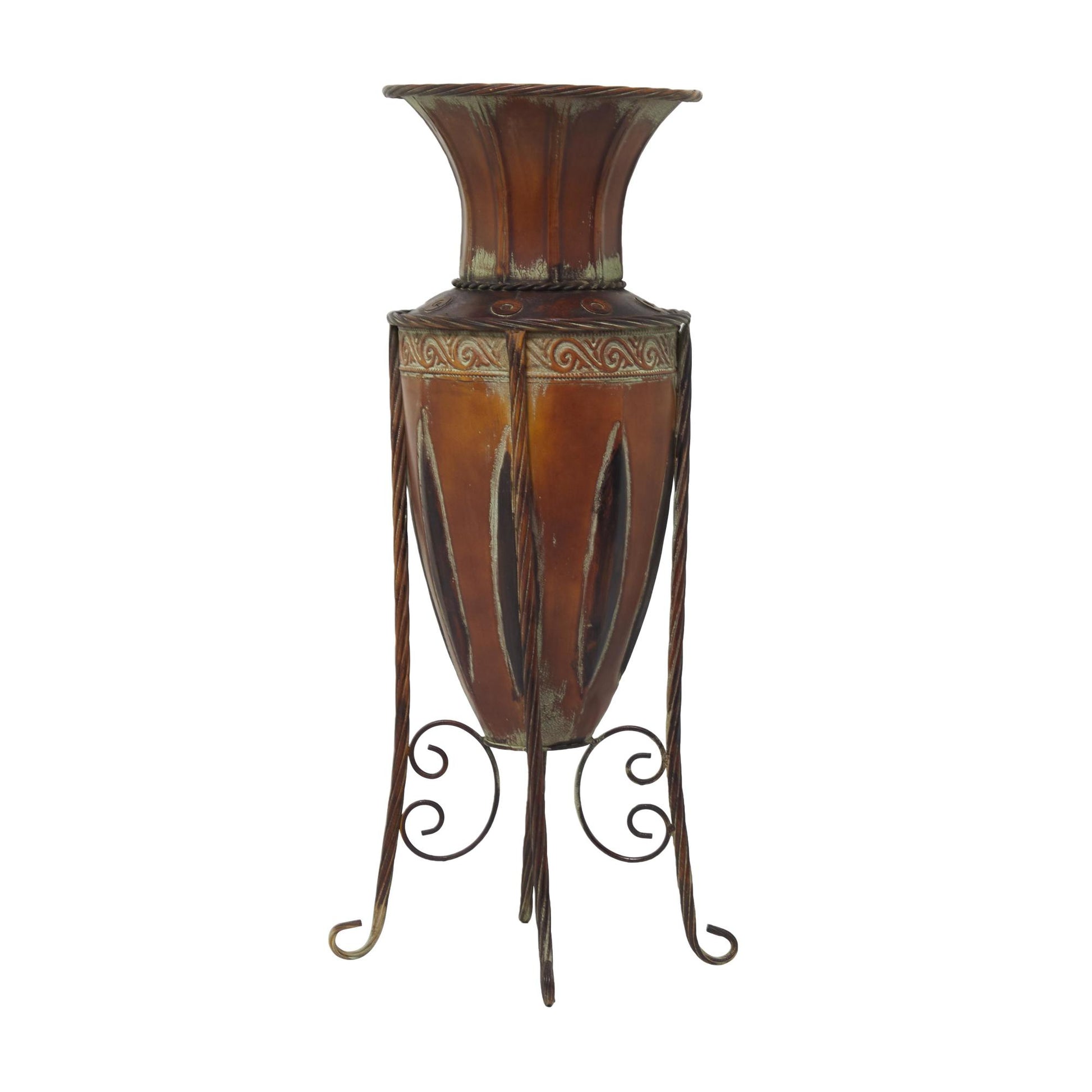 Scroll Brown Metal Tall Decorative Vase with Attached Metal Stand and Intricate Design