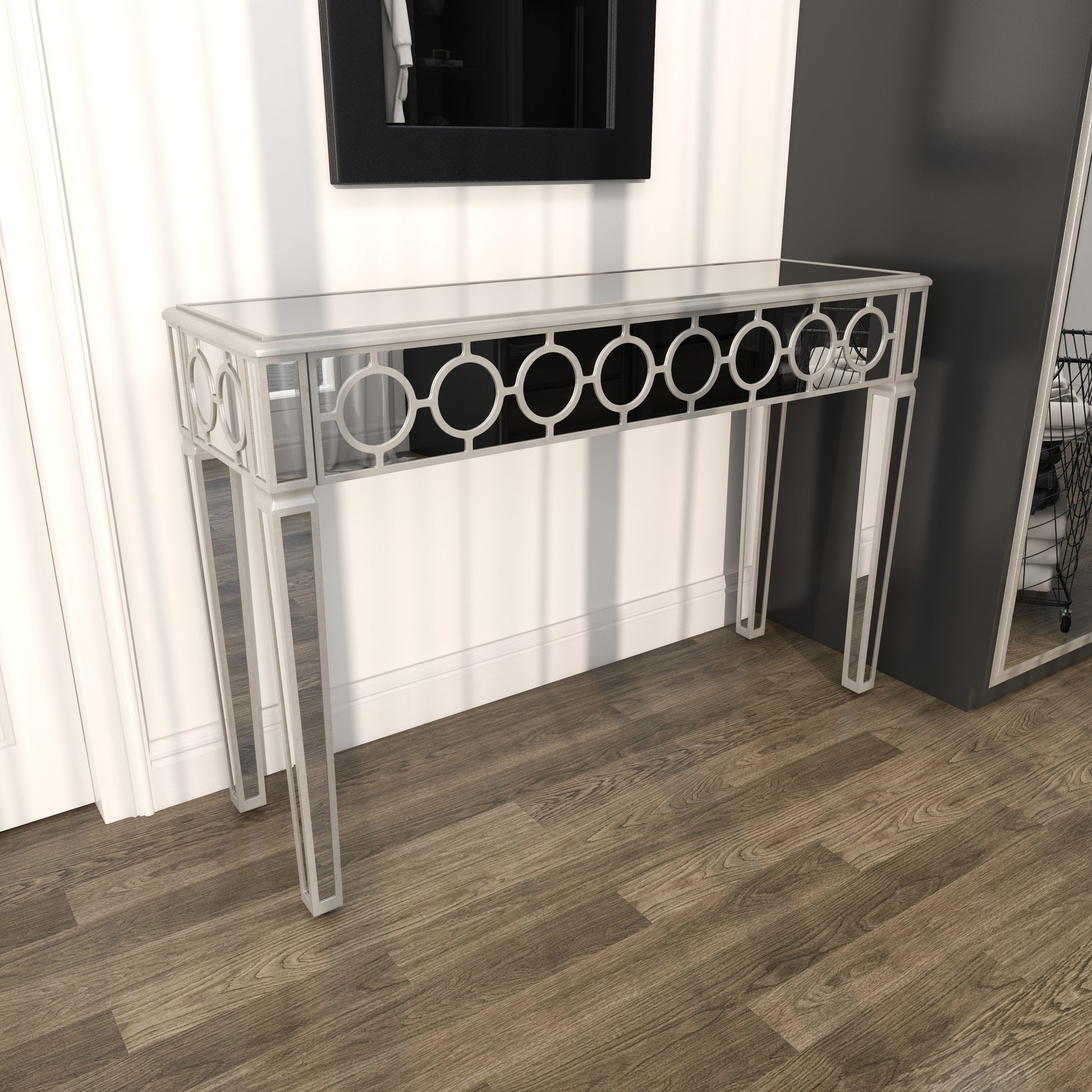 Geometric Silver Glass Mirrored Living Room Console Table with Circular Panel Inlay