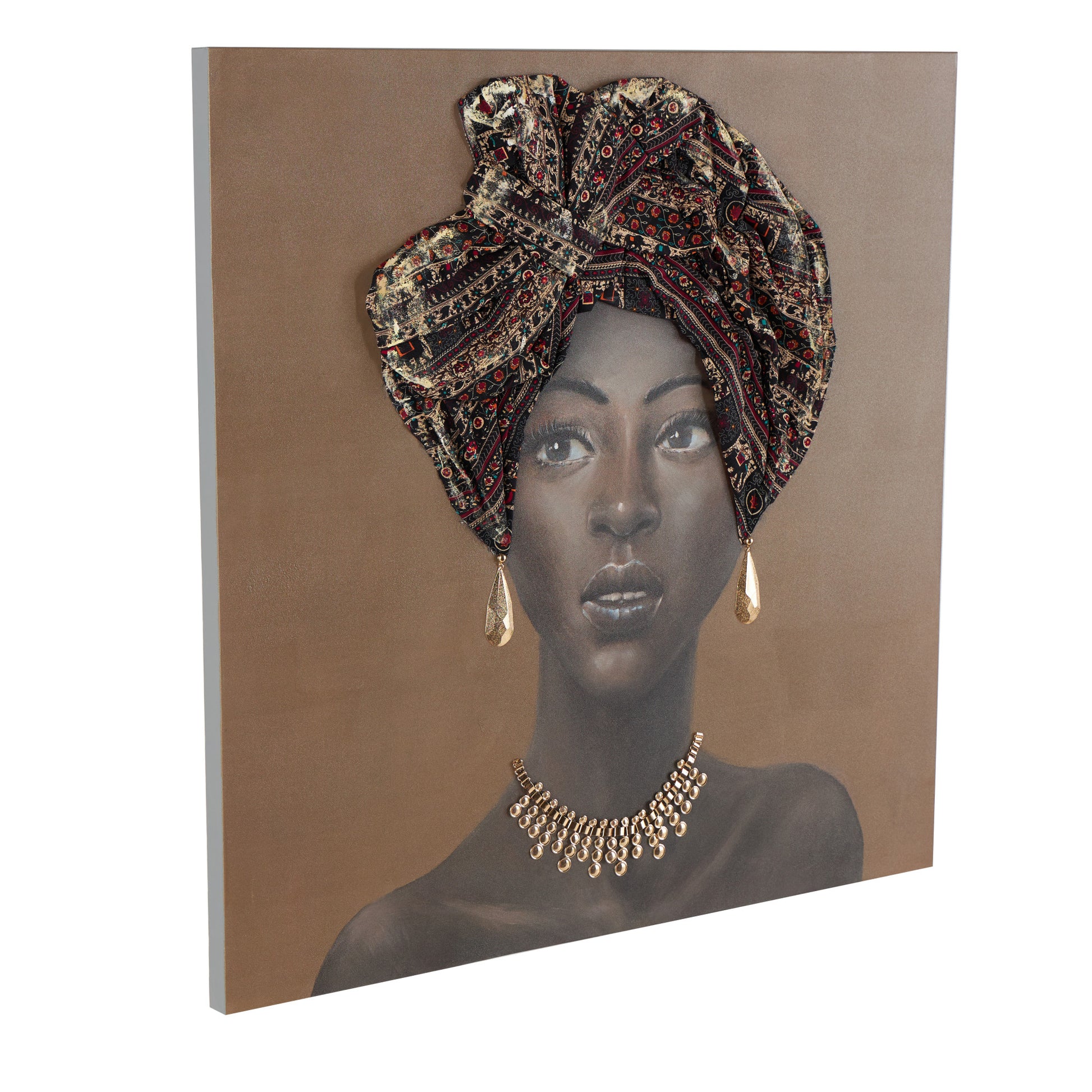 Woman Brown Canvas Decorative Wall Art with 3D Fabric Headwear And Gold Jewels