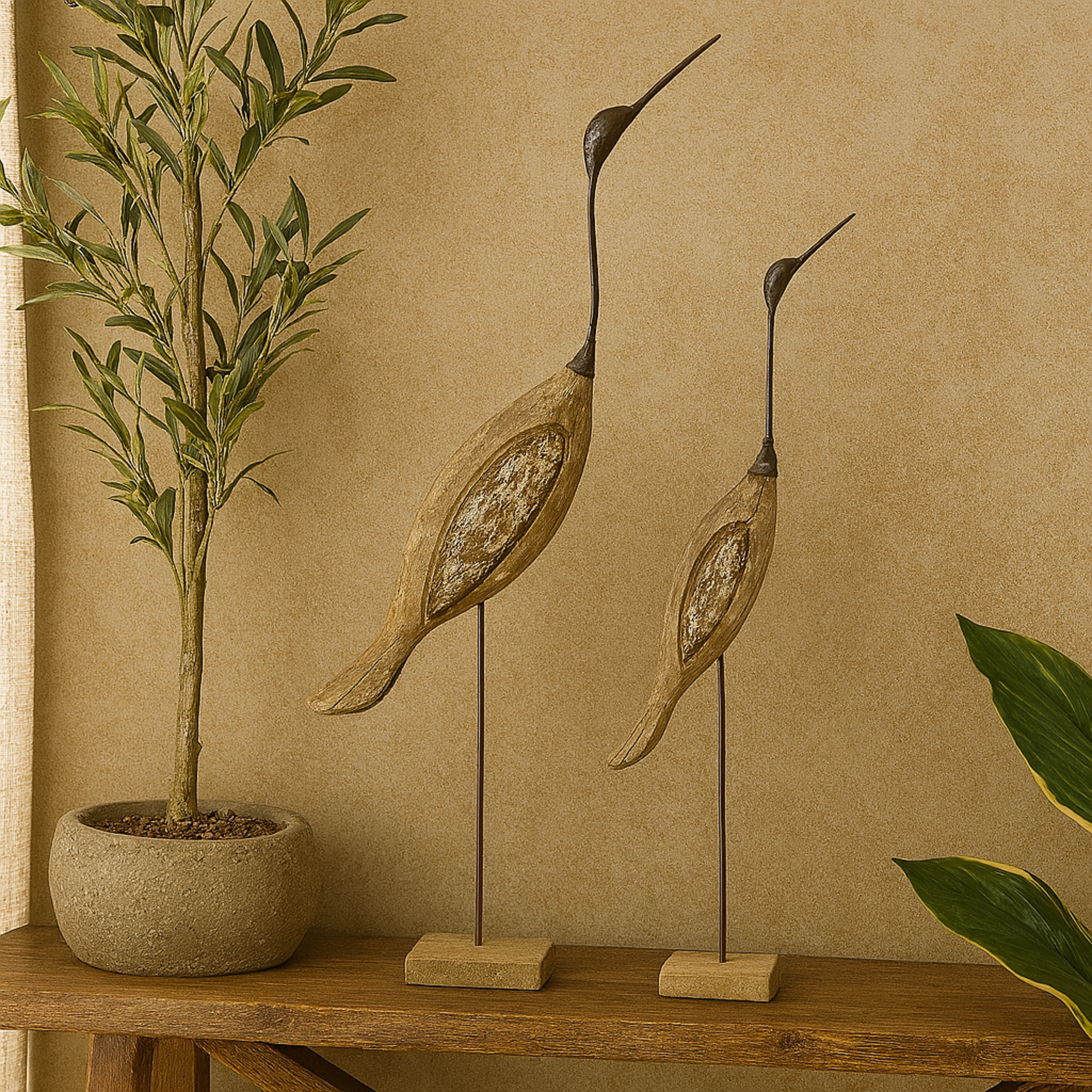 Set of 2 Bird Brown Wood Decorative Sculpture