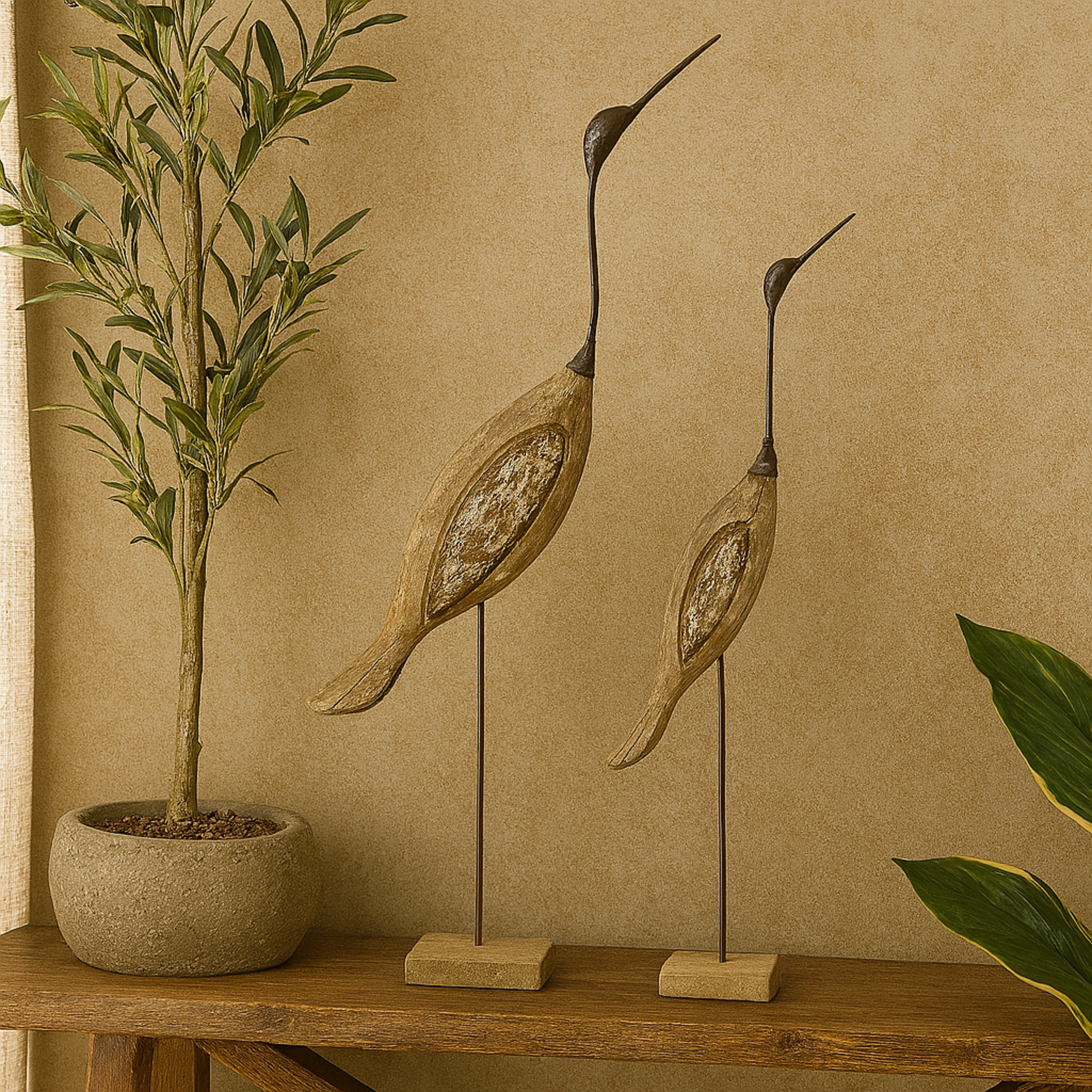 Set of 2 Bird Brown Wood Decorative Sculpture