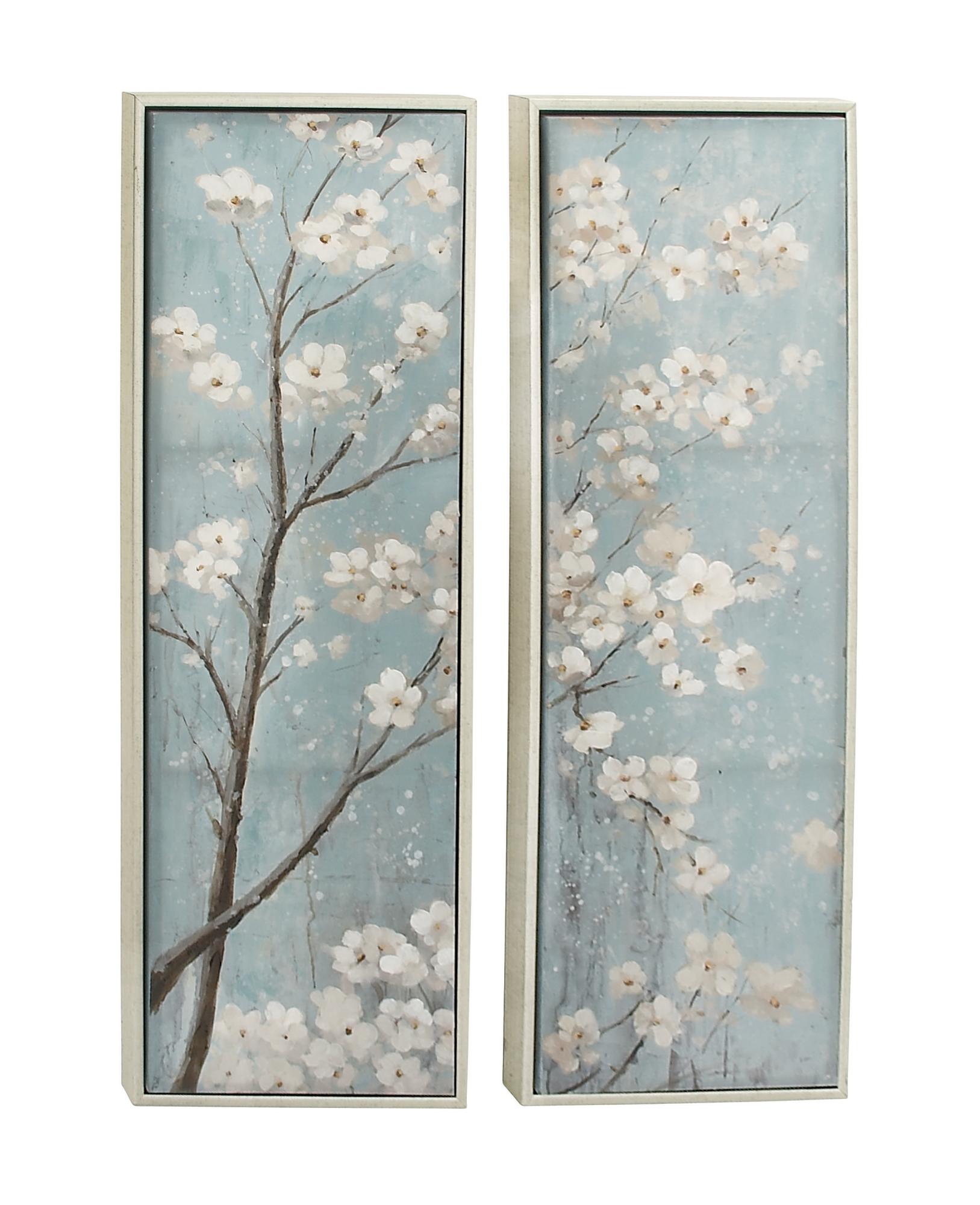 Set of 2 Floral Teal Canvas Cherry Blossom Living Room Framed Wall Art with Silver Frame