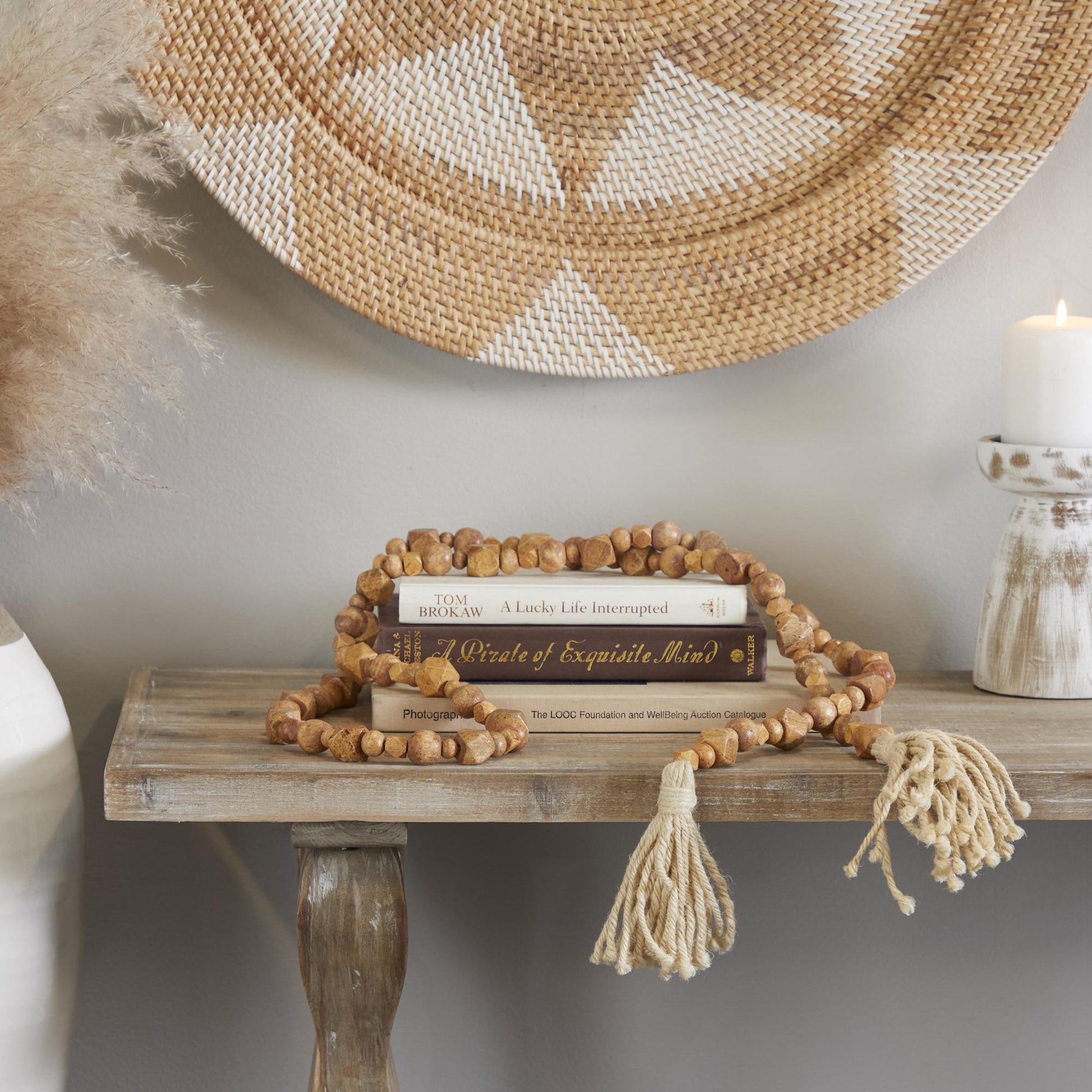 Mango Wood Handmade Hexagon Carved Geometric Long Beaded Garland with Tassel
