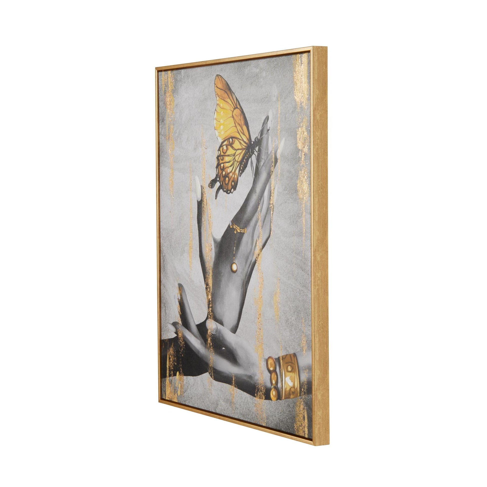 Butterfly Black Canvas Shaded Living Room Framed Wall Art with Jeweled Hands and Gold Foil Accents