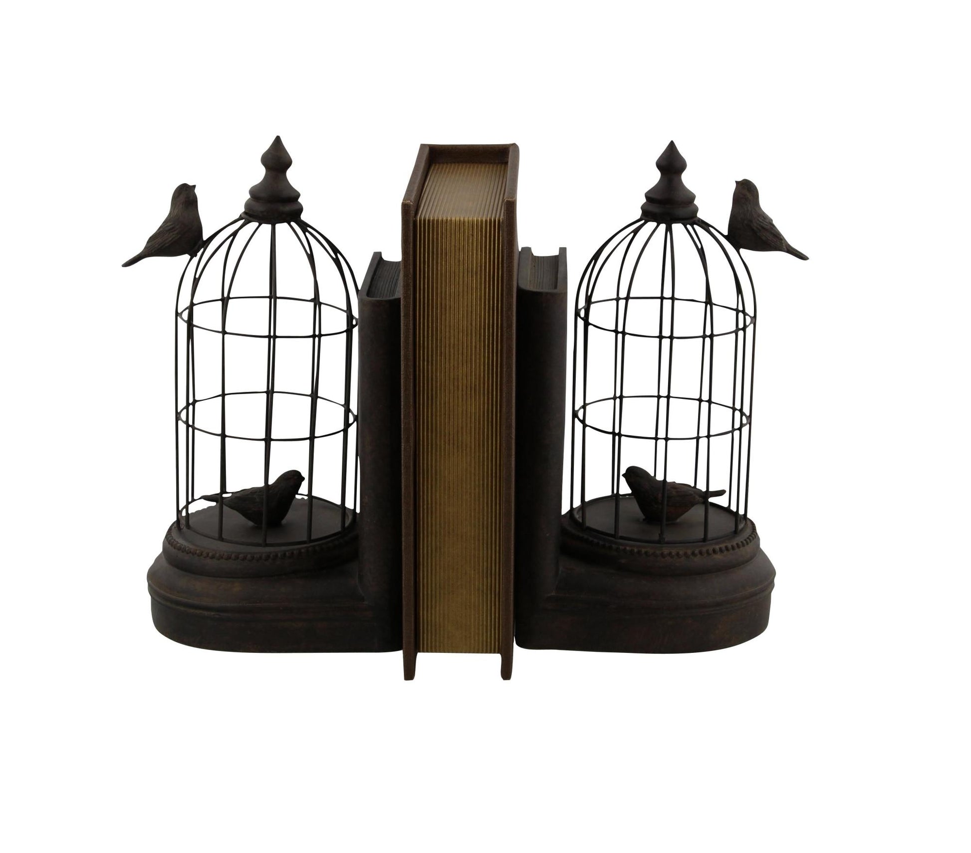 Set of 2 Bird Black Metal Decorative Bookends with Cages