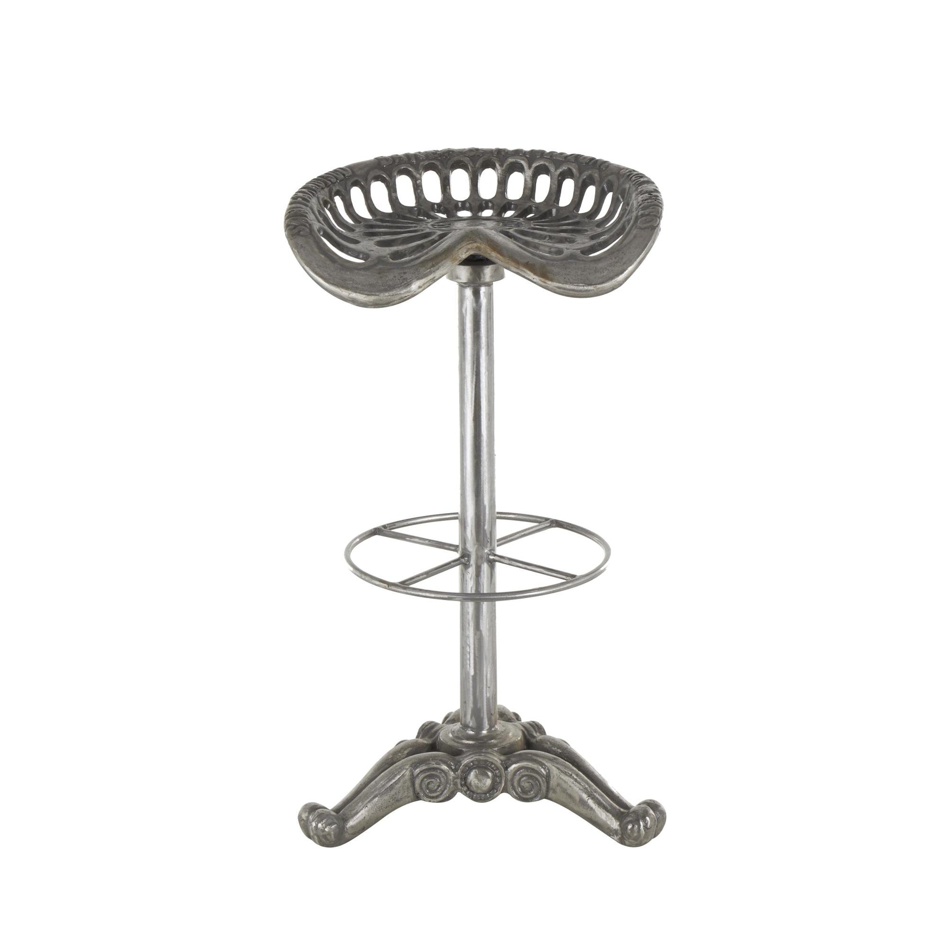 Scroll Gray Metal Weathered Antique Cast Iron Kitchen Bar Stool with Cutout Textured Seat and Footrest