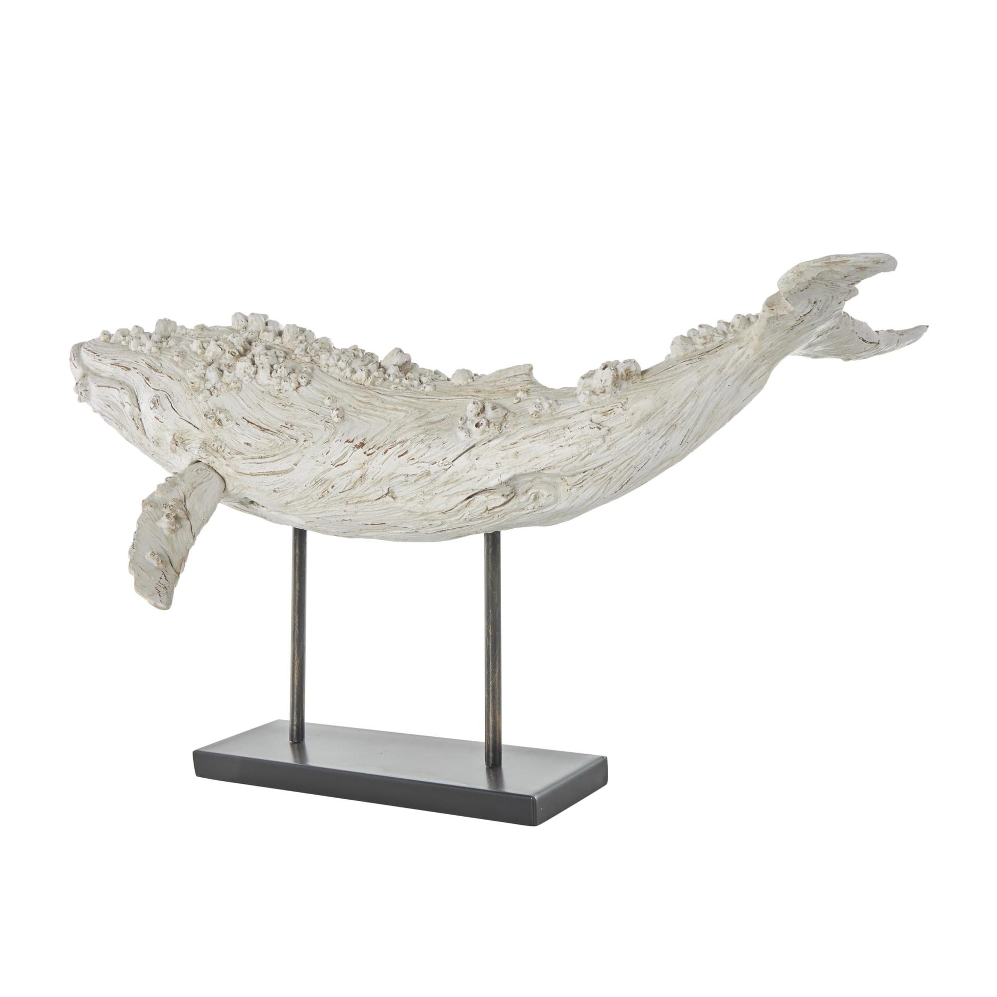 Whale Cream Polystone Textured Decorative Sculpture with Brown Distressing and Black Metal Stand
