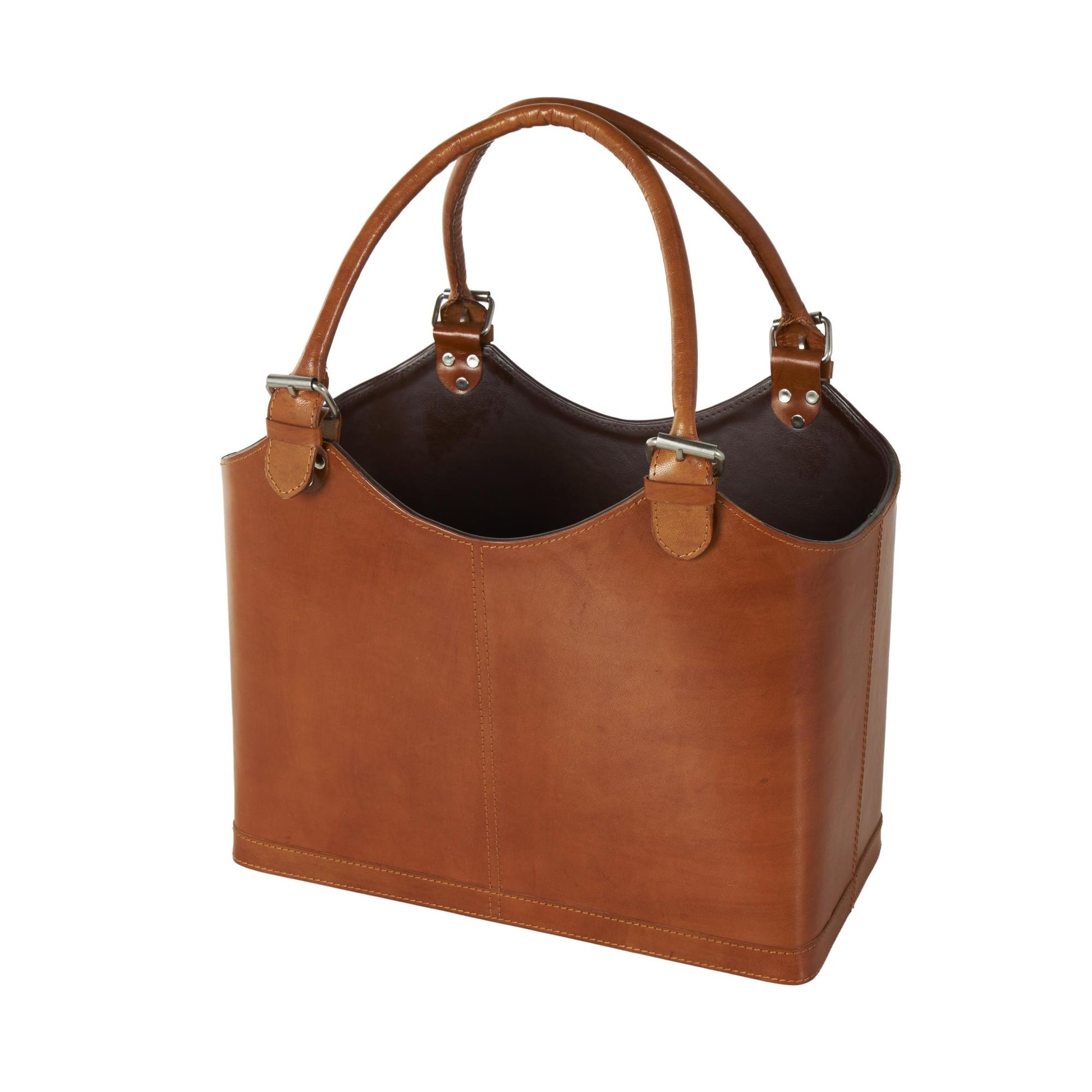Leather Handmade Box Style Decorative Magazine Holder with Detail Stitching and Curved Buckle Handles