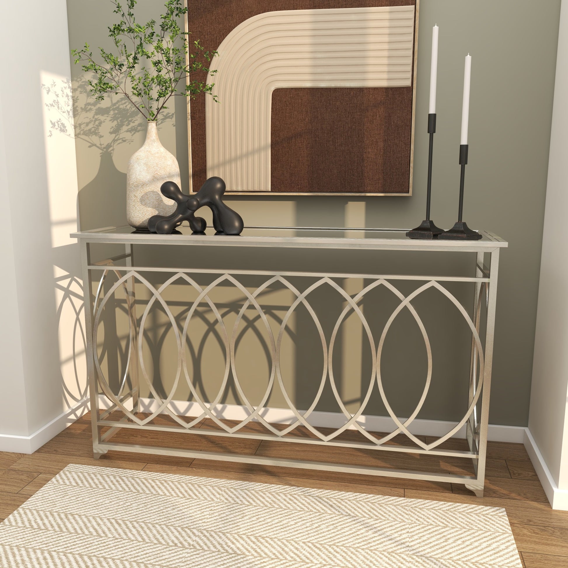 Geometric Silver Metal Rectangular Living Room Console Table with Mirrored Glass Top