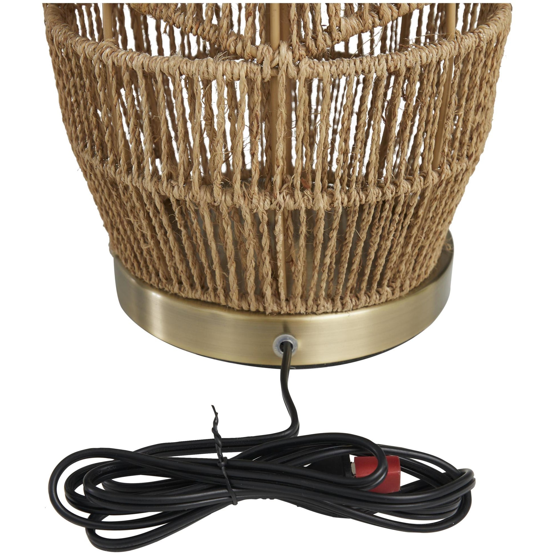 Brown Wicker Wood Handmade Woven Room Table Lamp with Zig Zag Pattern and Gold Base