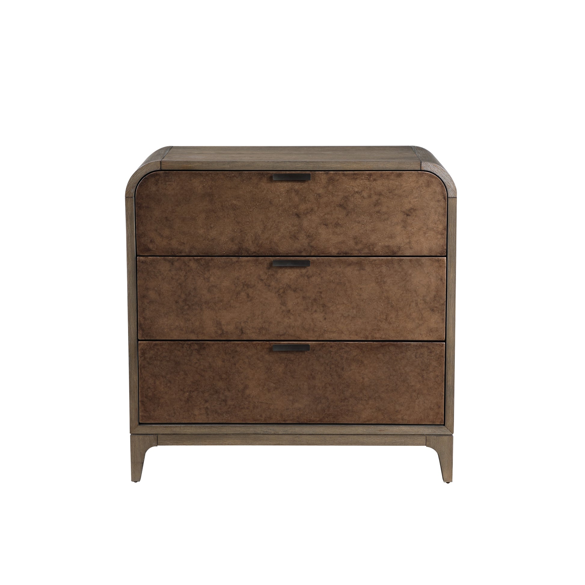 Brown Wooden 3 Drawer Room Dresser with Natural Wood Grains and Black Handles