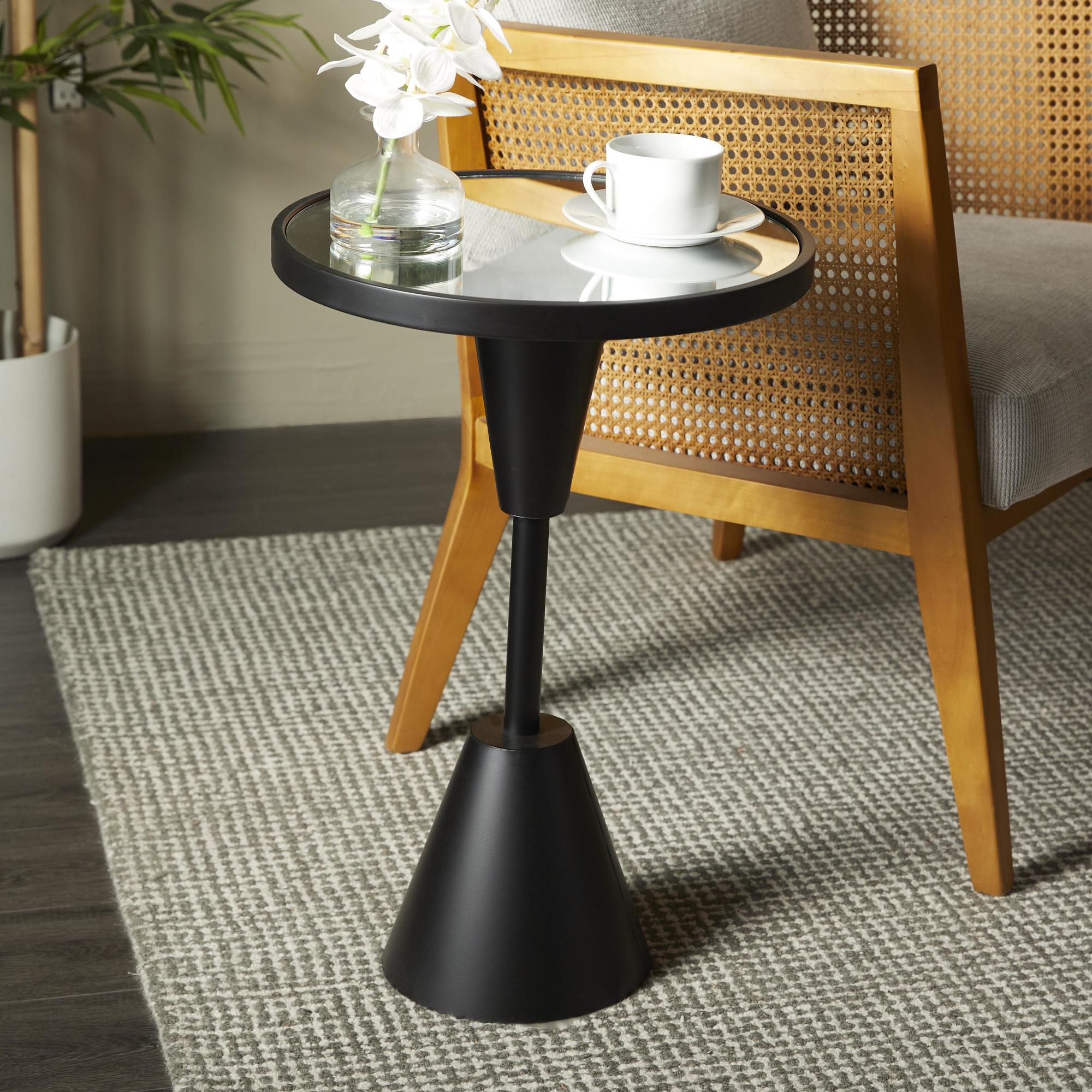 Metal Pedestal Base Side End Accent Table with Mirrored Glass Top