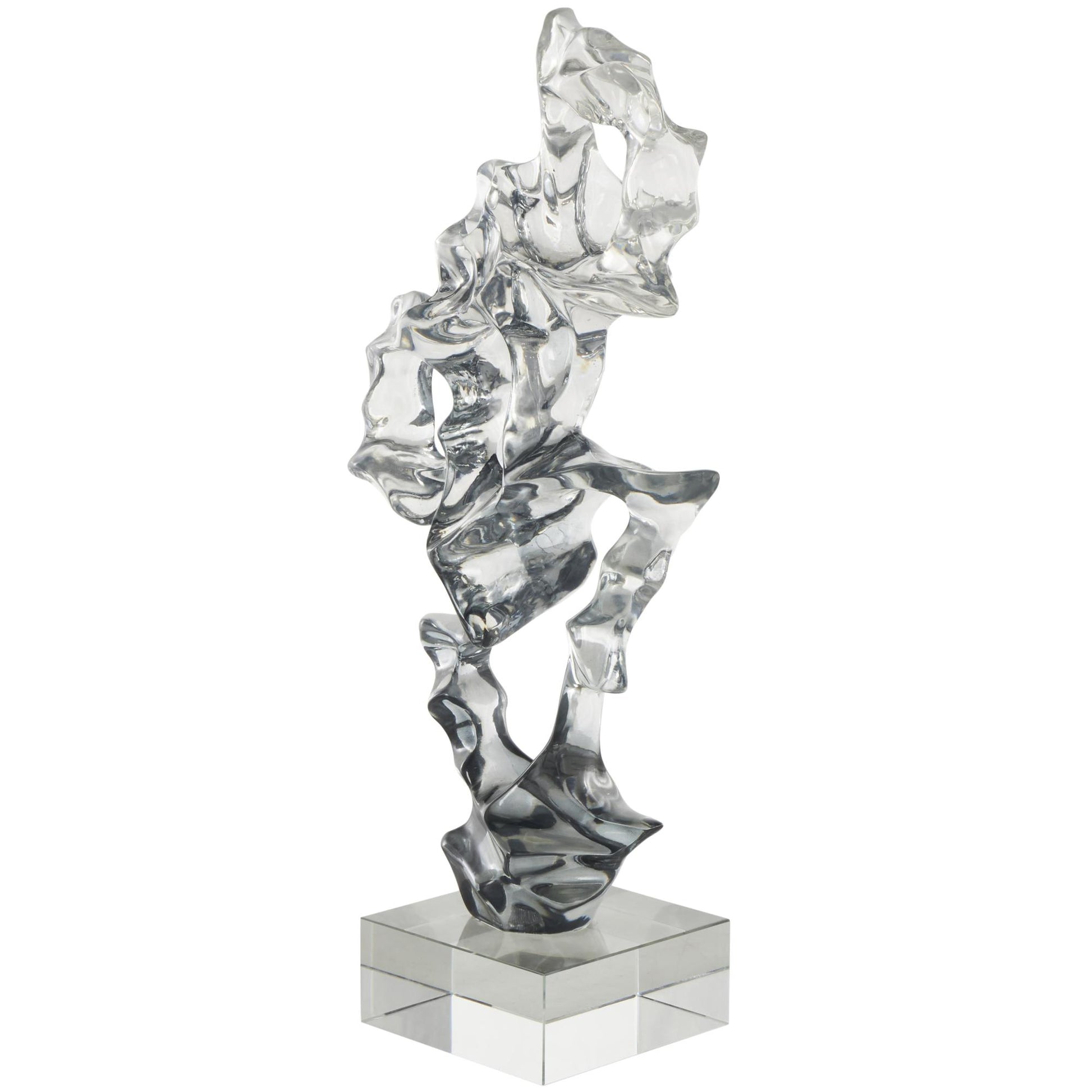 Abstract Clear Glass Handmade Freeform Decorative Sculpture with Clear Square Base