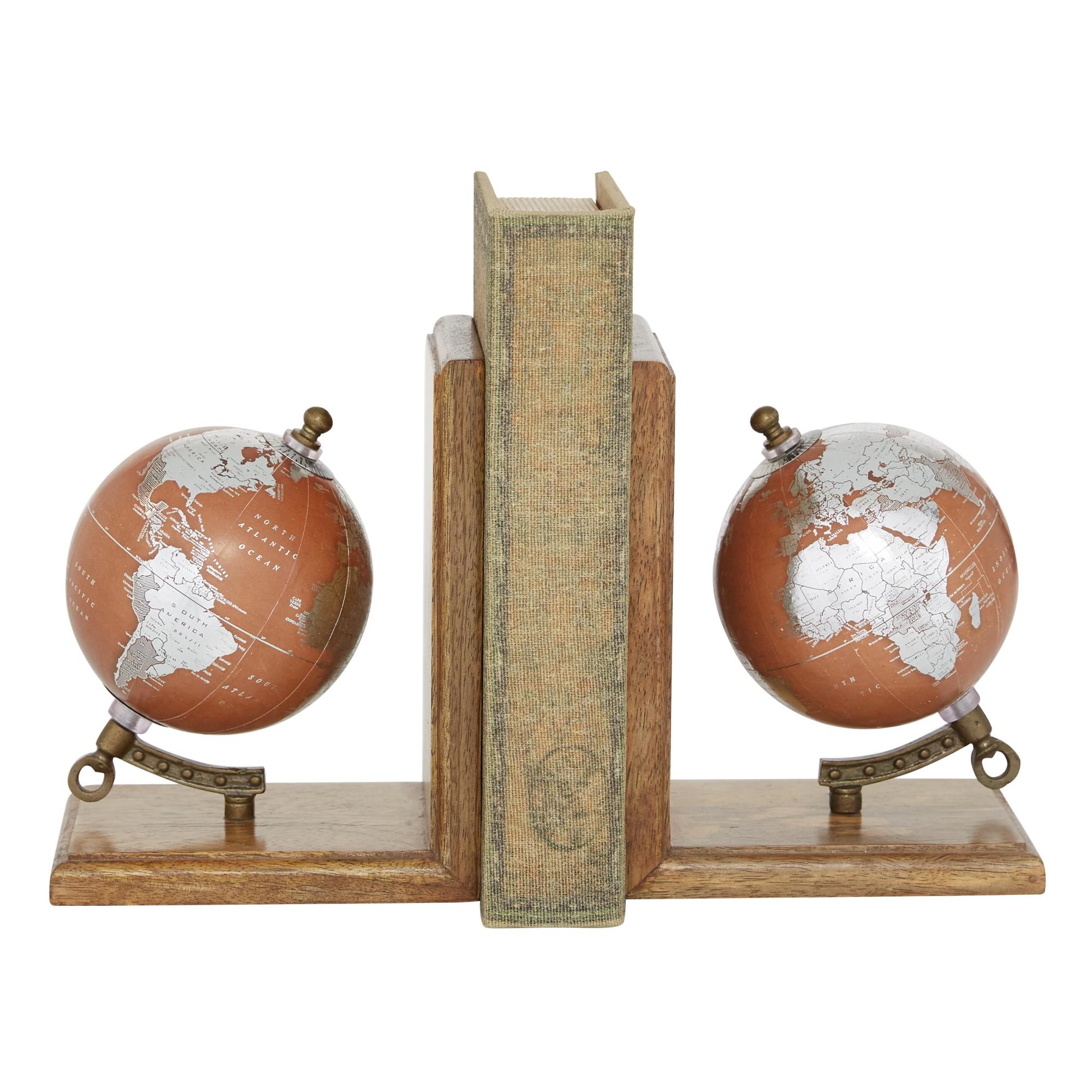Set of 2 Globe Brown Wood Decorative Bookends