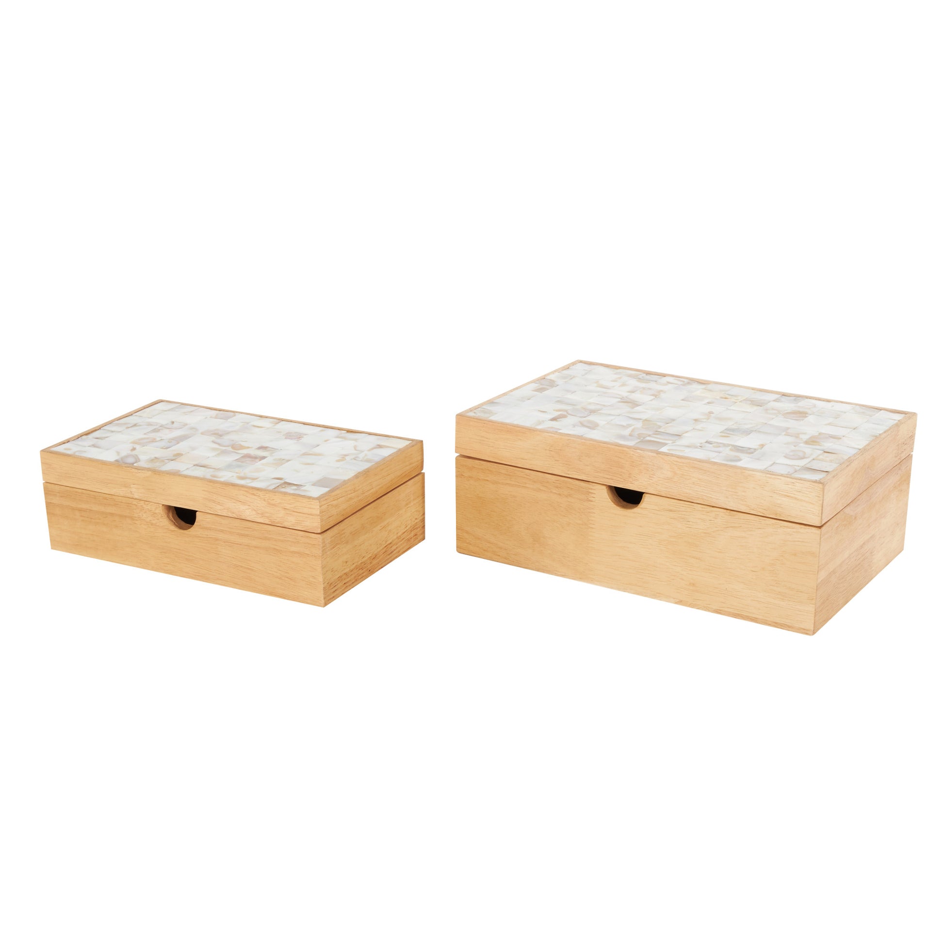 Set of 2 Light Brown Wood Handmade Storage Decorative Box with Seashell Tops