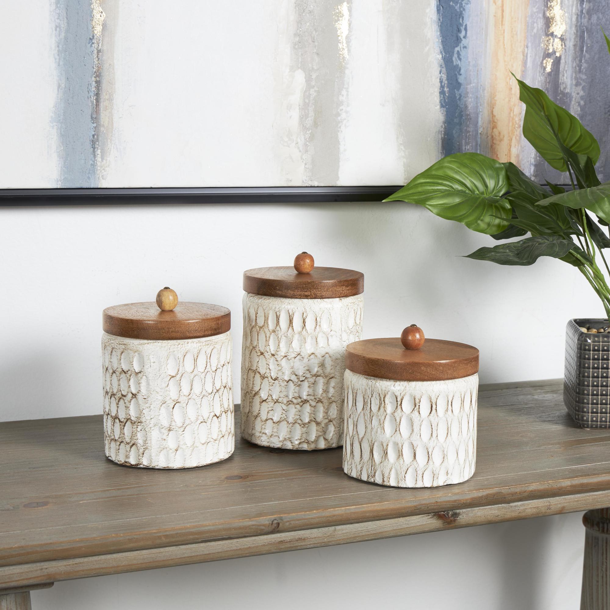 Set of 3 Geometric Cream Paper Mache Handmade Carved Spotted Decorative Canisters with Brown Removable Lids
