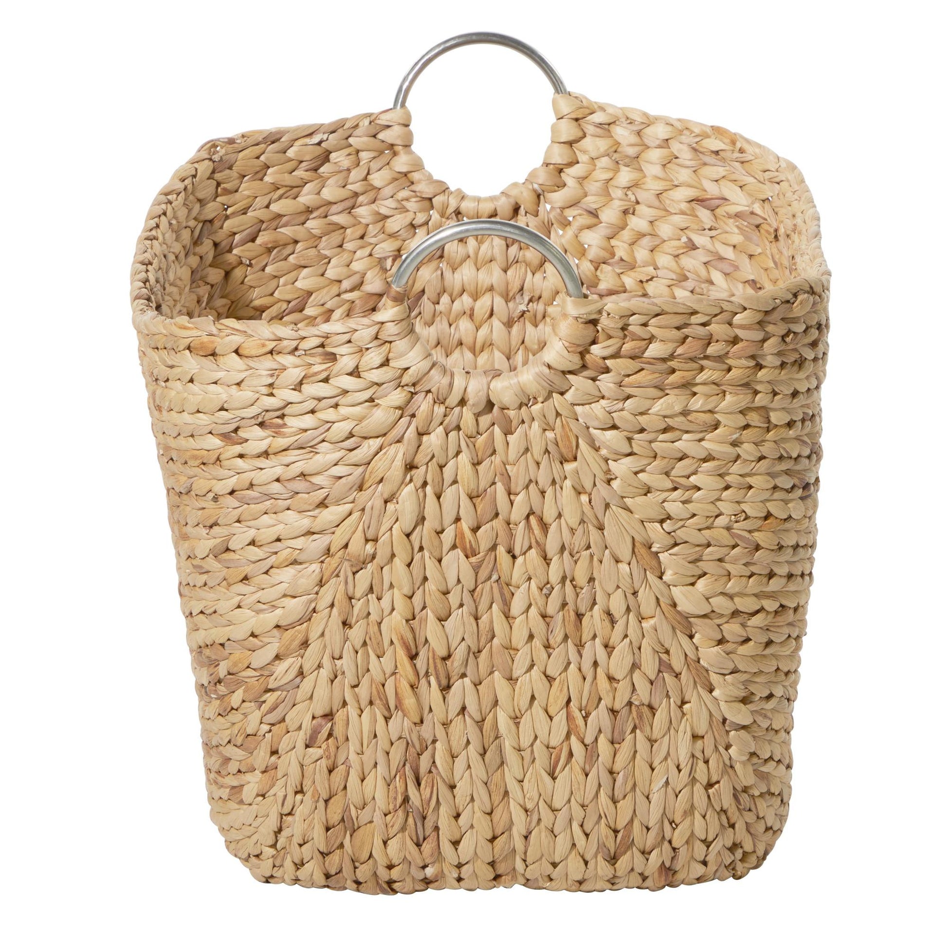 Brown Seagrass Handmade Large Woven Decorative and Functional Storage Basket with Ring Metal Handles