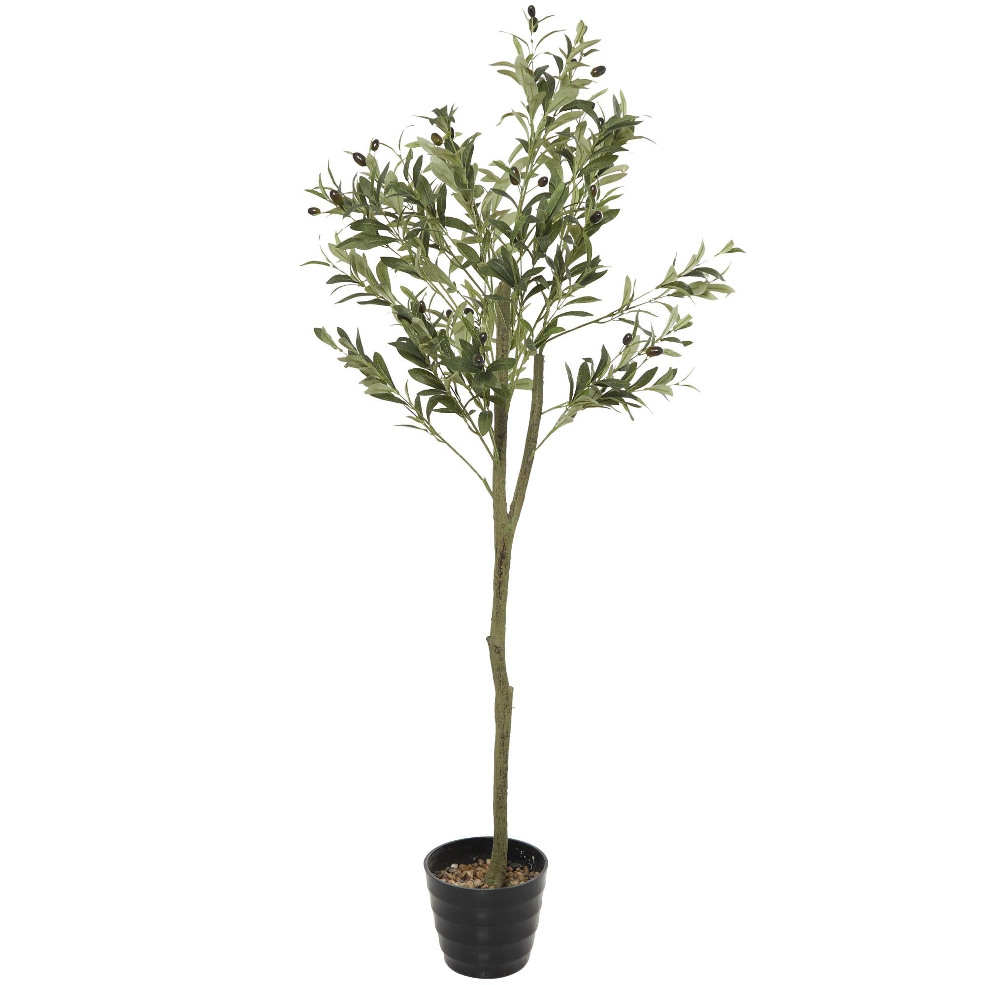 Olive Green Faux Foliage Indoor Outdoor Artificial Tree with Realistic Leaves and Black Melamine Pot