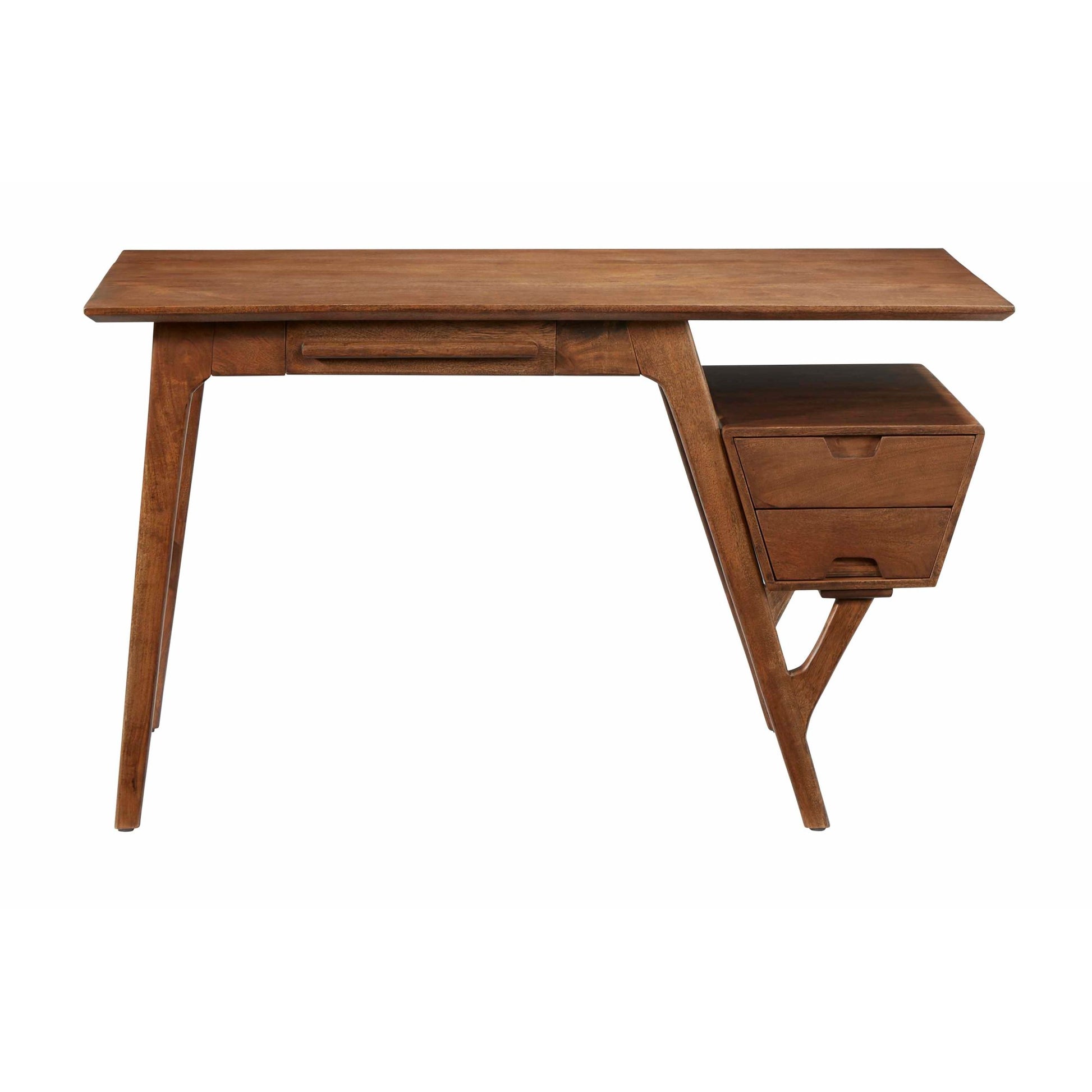 Geometric Brown Wood 3 Drawer Desk with Trapezoid Floating Side Shelf
