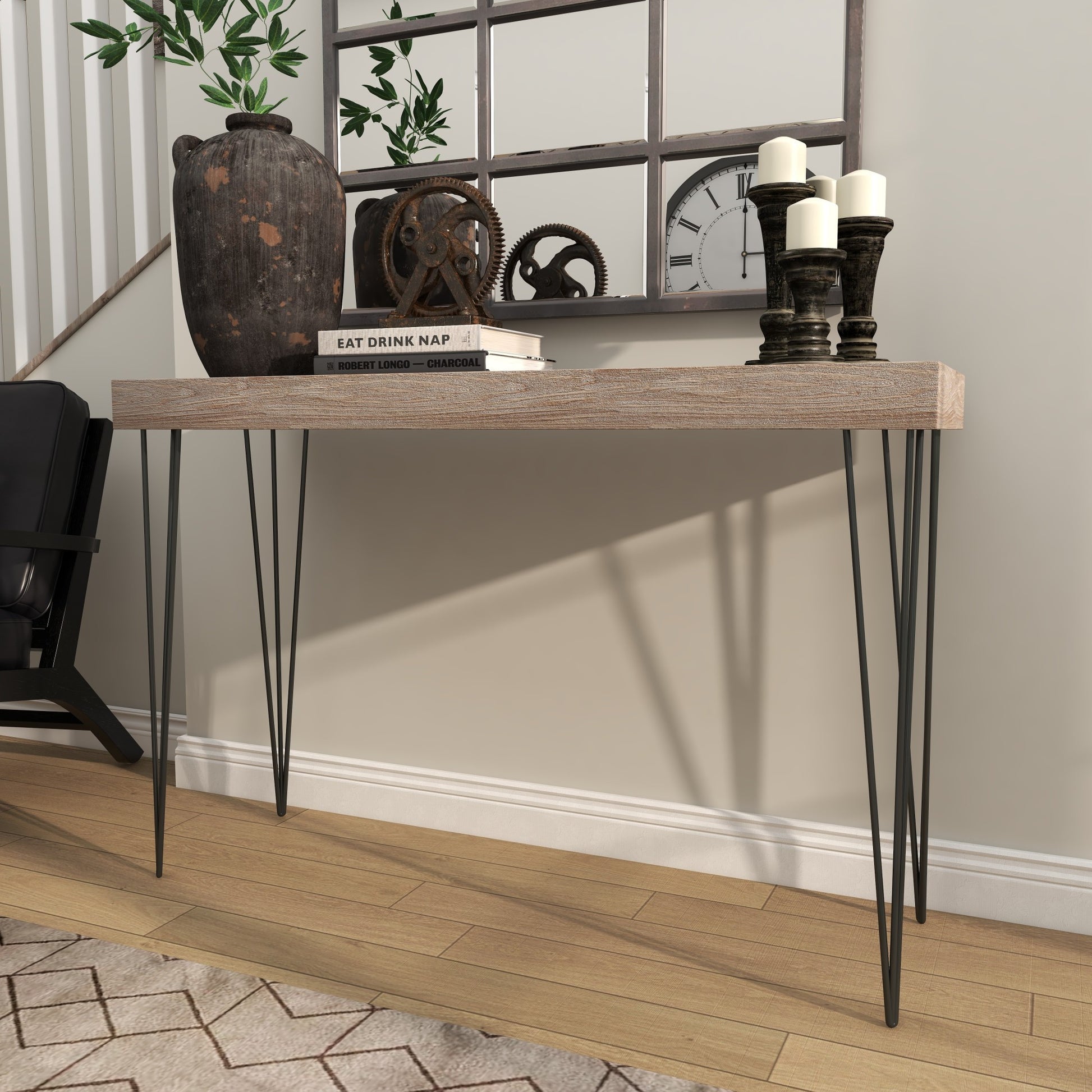Brown Wood Rectangular Living Room Console Table with Black Metal Hairpin Legs