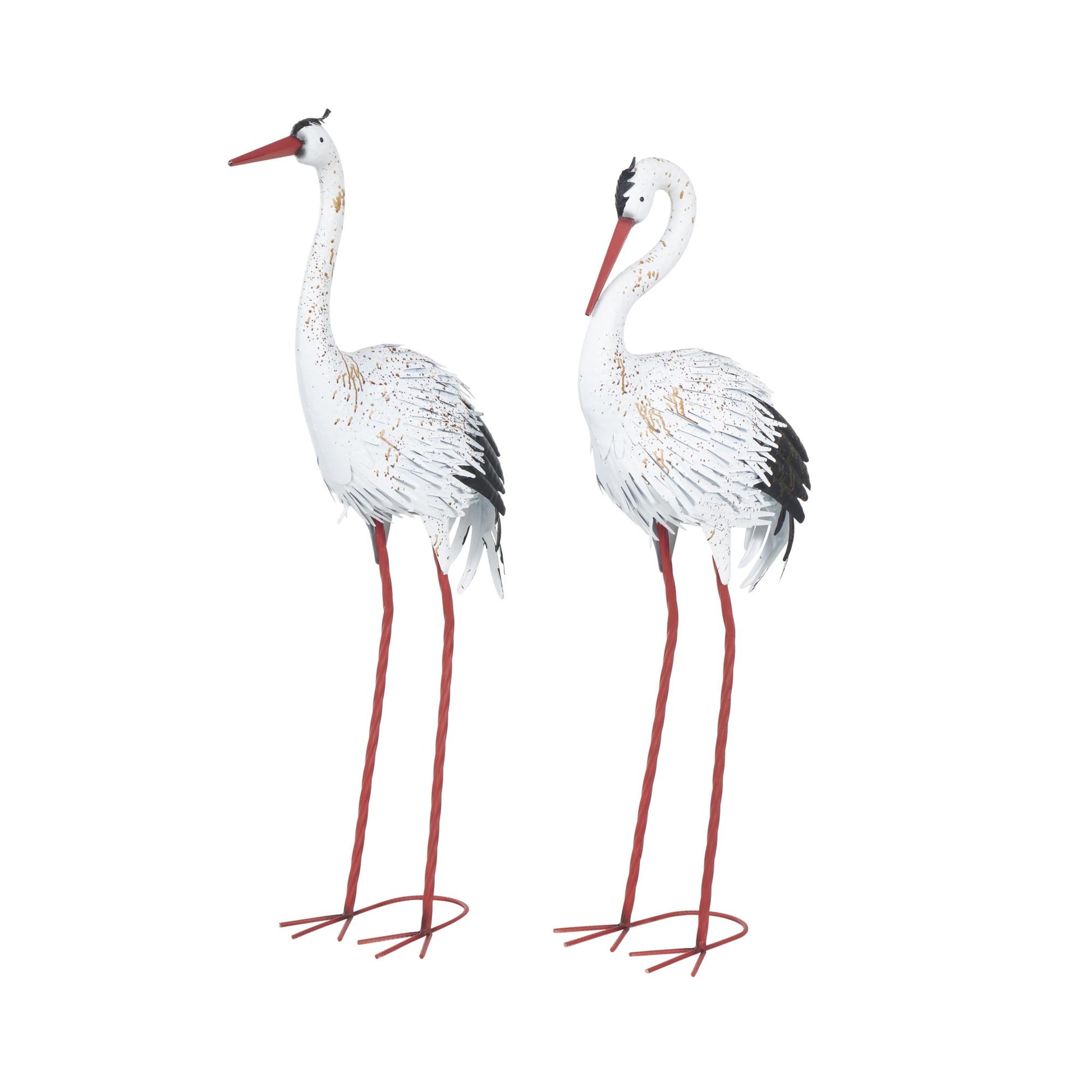 Set of 2 Crane White Metal Tall Decorative Garden Sculpture with Brown Speckled Texture and Red Accents