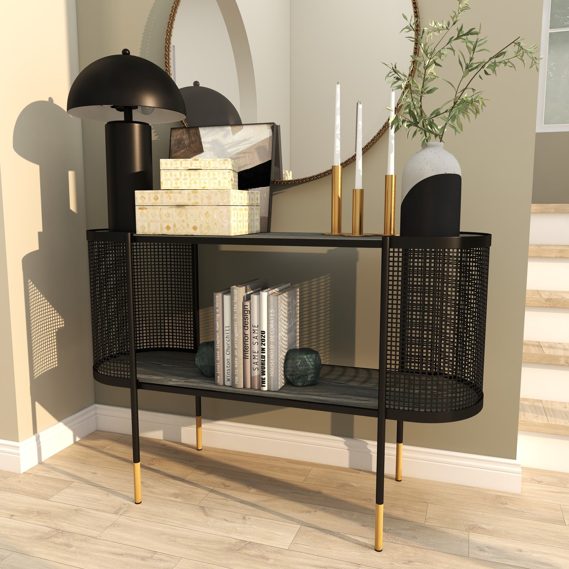 Black Metal Mesh Side Panel Living Room Console Table with Open Center Storage