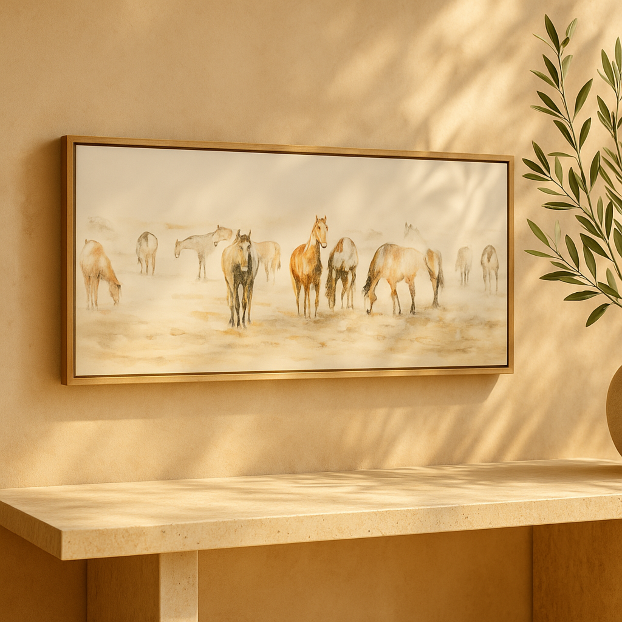 Horse Brown Canvas Living Room Framed Wall Art with Wooden Frame and Gold Foil Accents