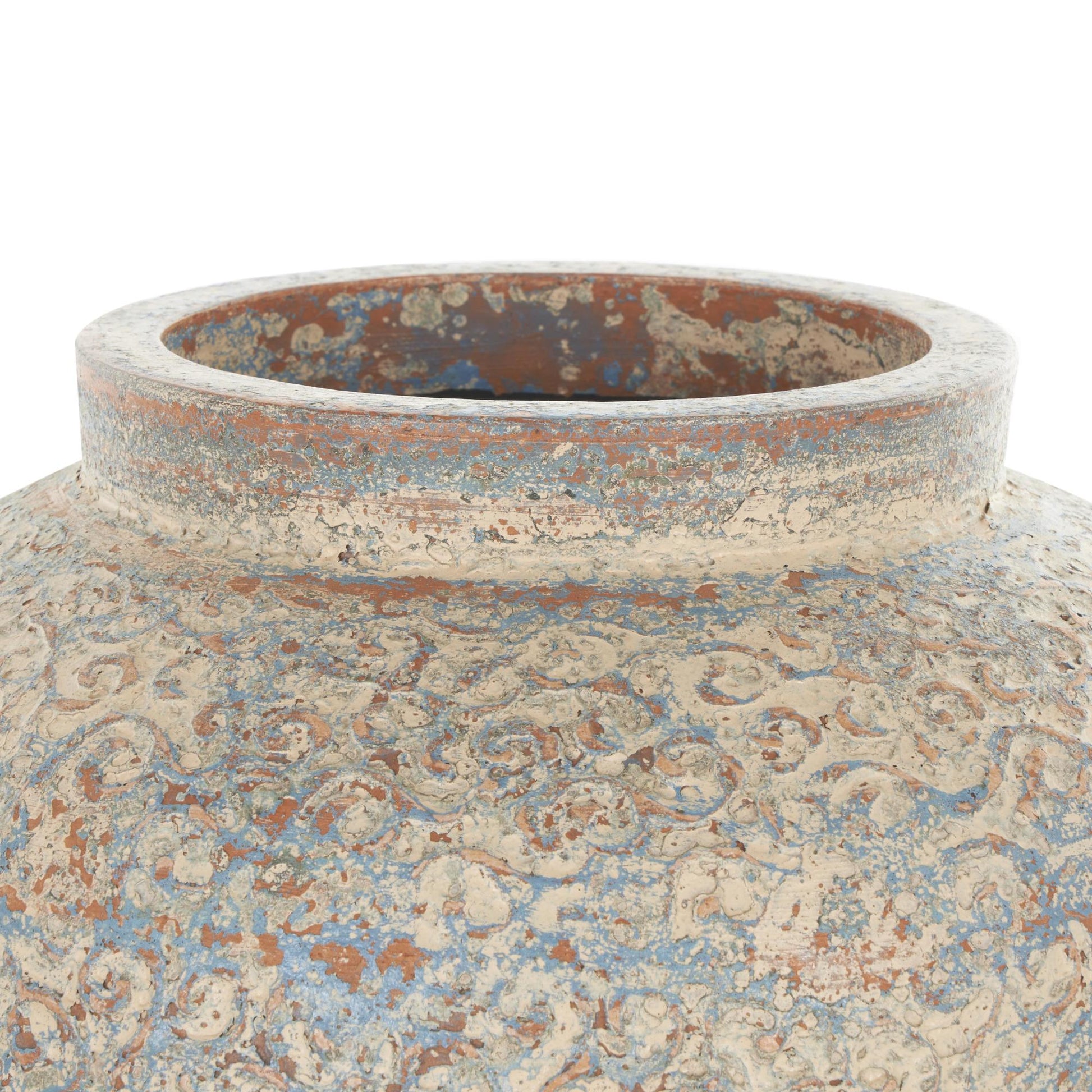 Scroll Beige Ceramic Handmade Antique Style Wide Rounded Decorative Vase with Blue and Copper Accents