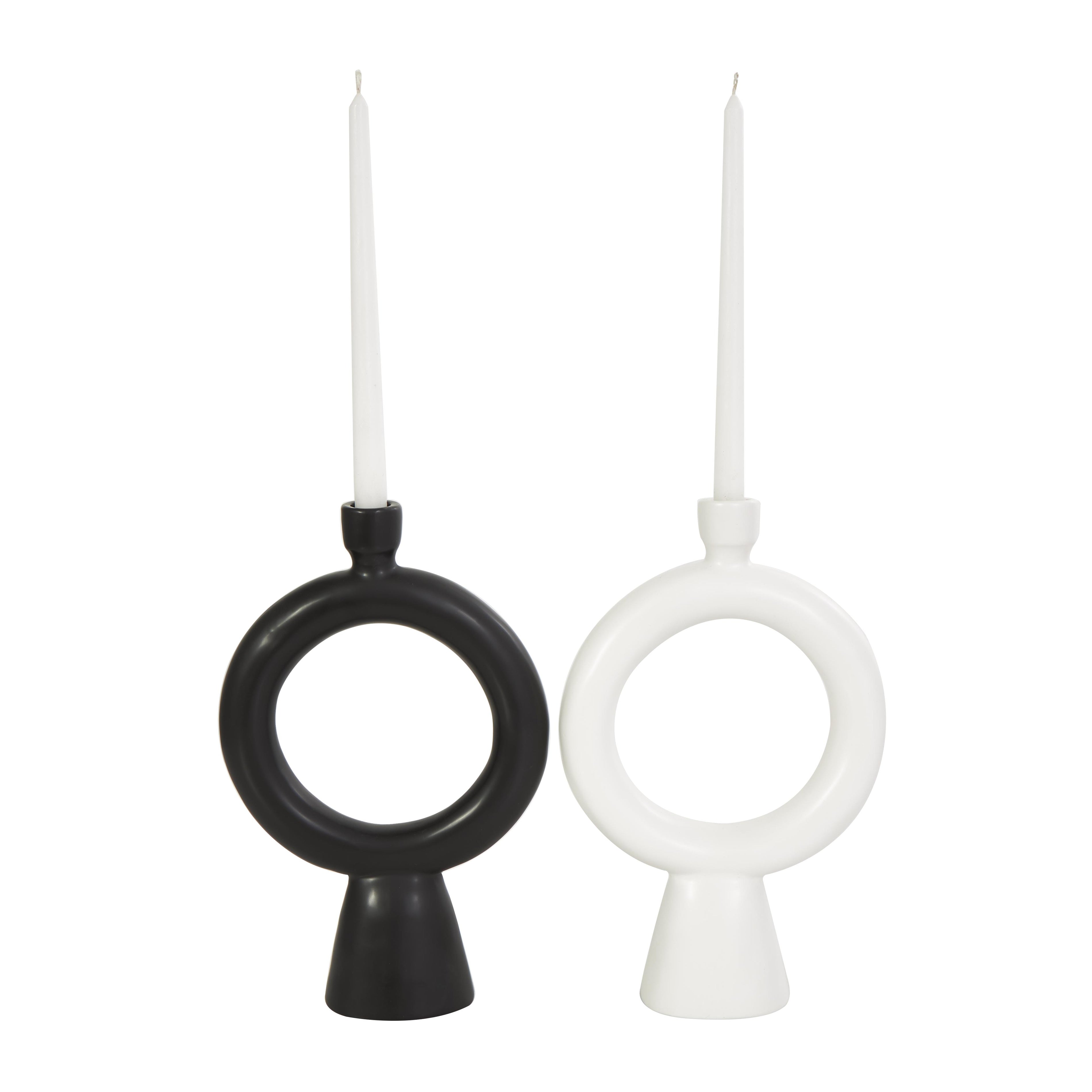 CosmoLiving by Cosmopolitan Set of 2 Geometric Black Ceramic Ring Decorative Candle Holder