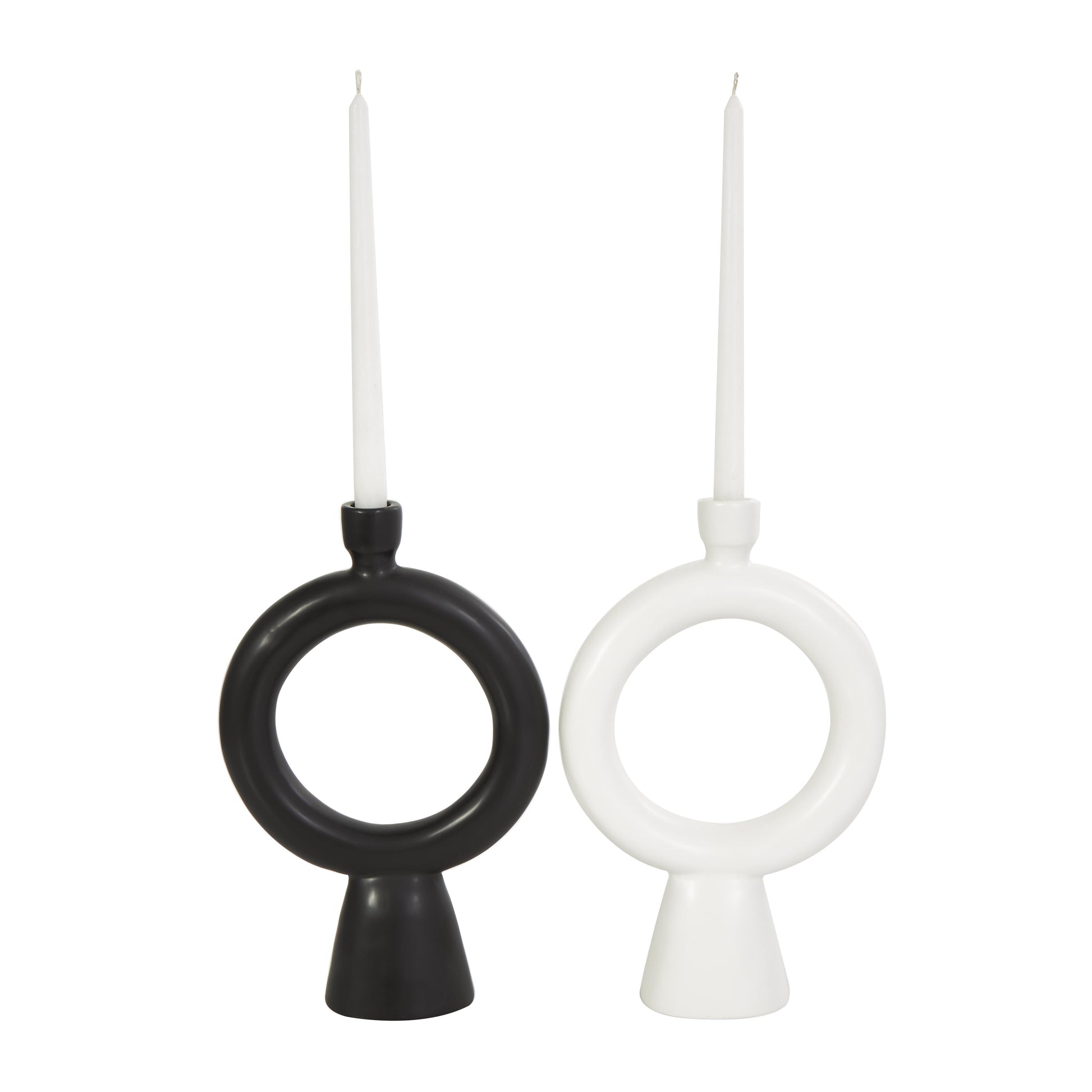 CosmoLiving by Cosmopolitan Set of 2 Geometric Black Ceramic Ring Decorative Candle Holder