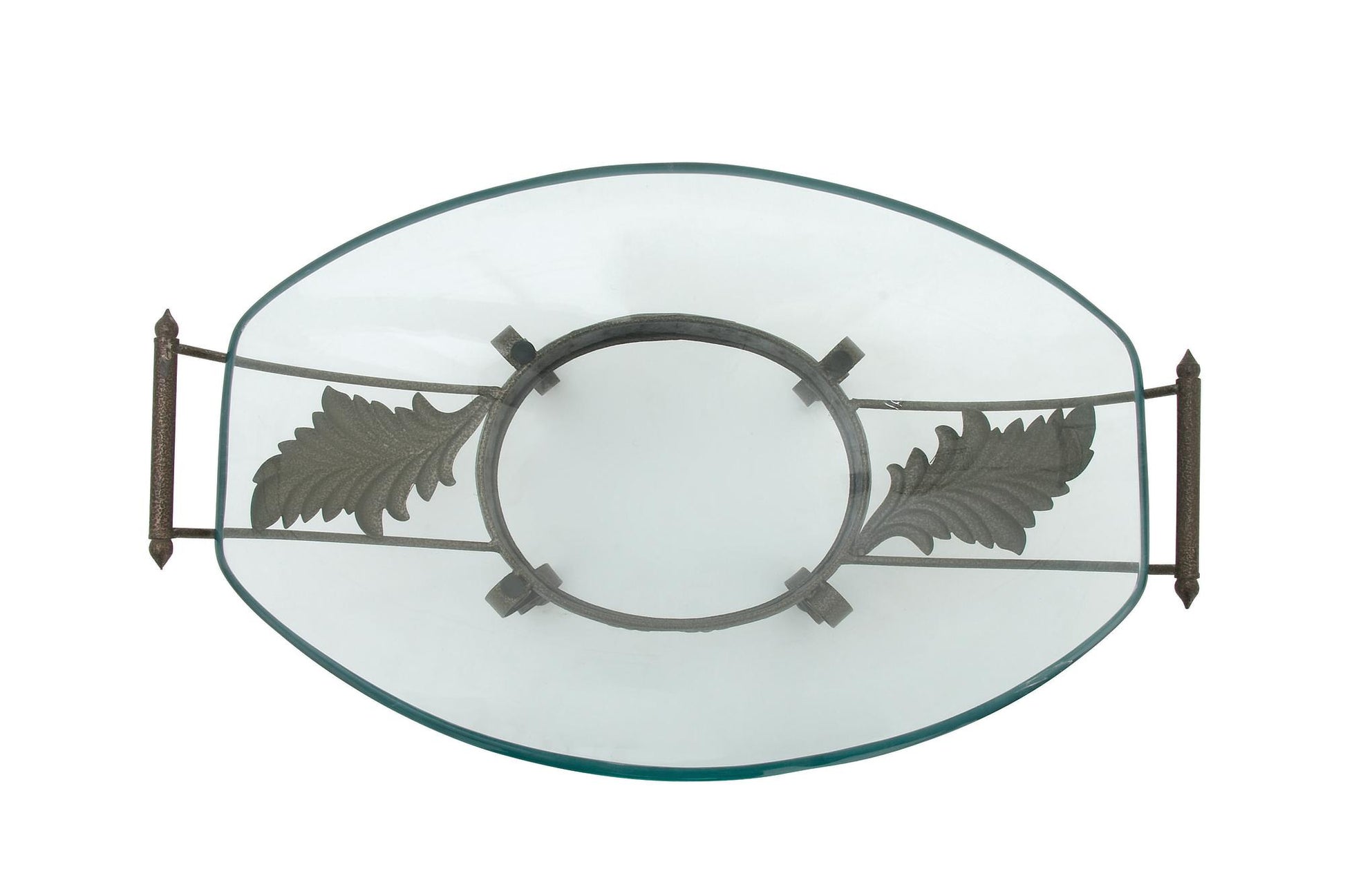 Kitchen Clear Tempered Glass Decorative Serving Bowl with Brown Metal Scroll Base