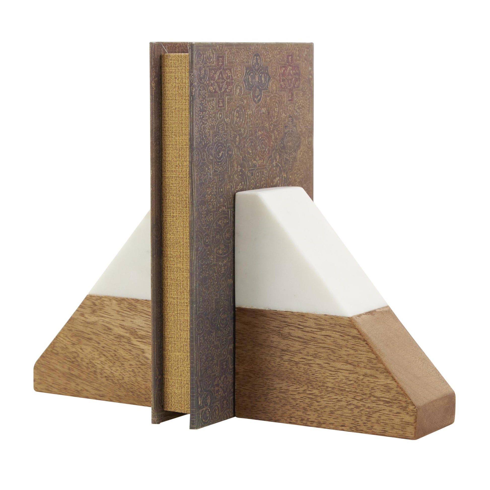 Set of 2 Geometric Brown Mango Wood Triangle 3 lbs Decorative Bookends with White Marble Tops