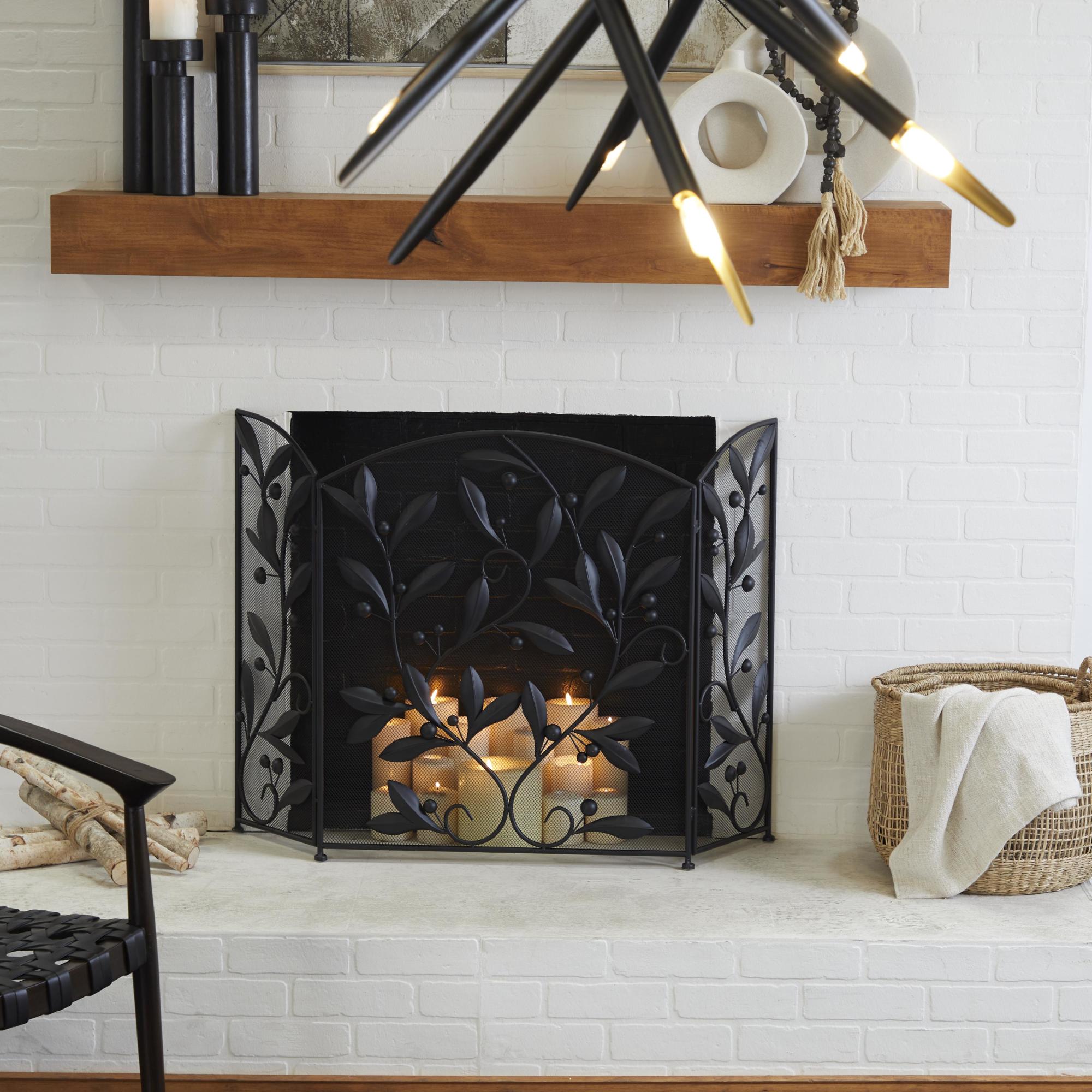 Leaf Metal Foldable Mesh Netting 3 Panel Living Room Fireplace Screen with Leaf and Vine Relief
