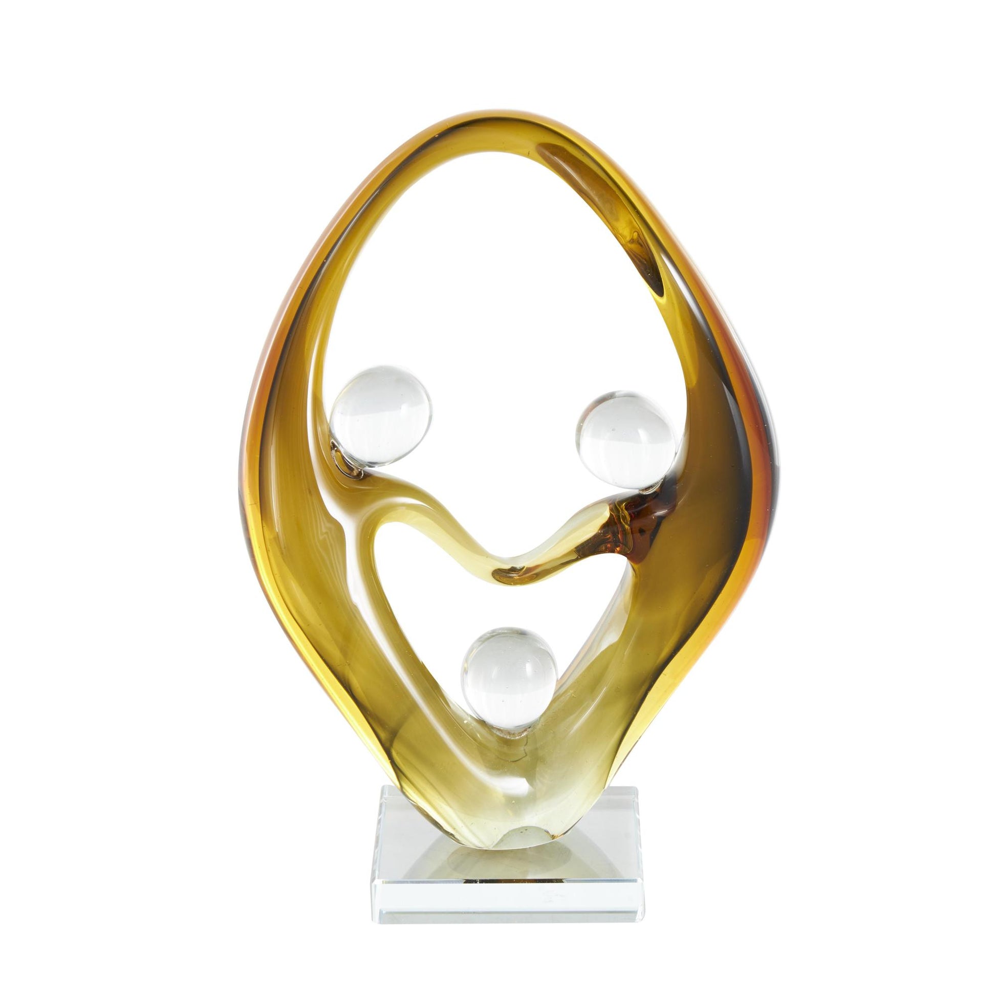 Abstract Orange Glass Curved Cutout Decorative Sculpture with 3 Small Orbs