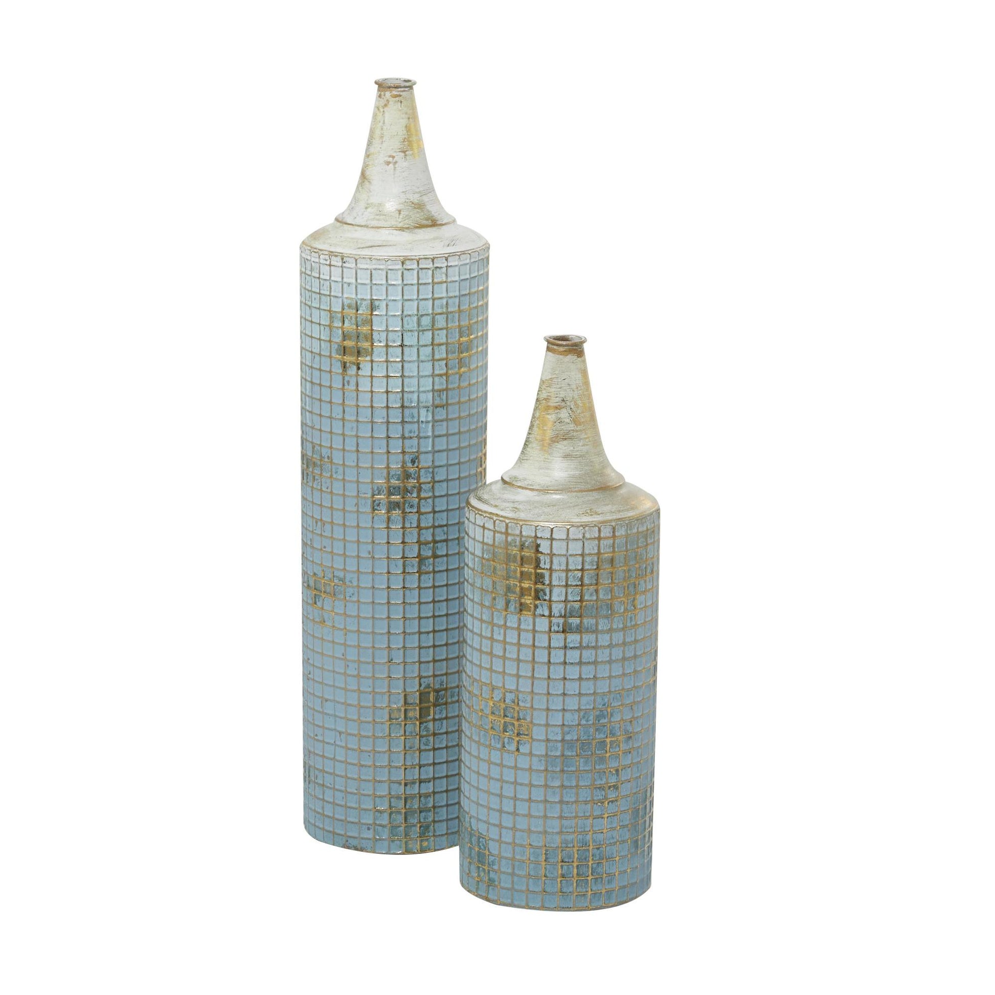 Set of 2 Geometric Blue Metal Distressed Tall Decorative Vase with Grid Pattern and Gold Accents