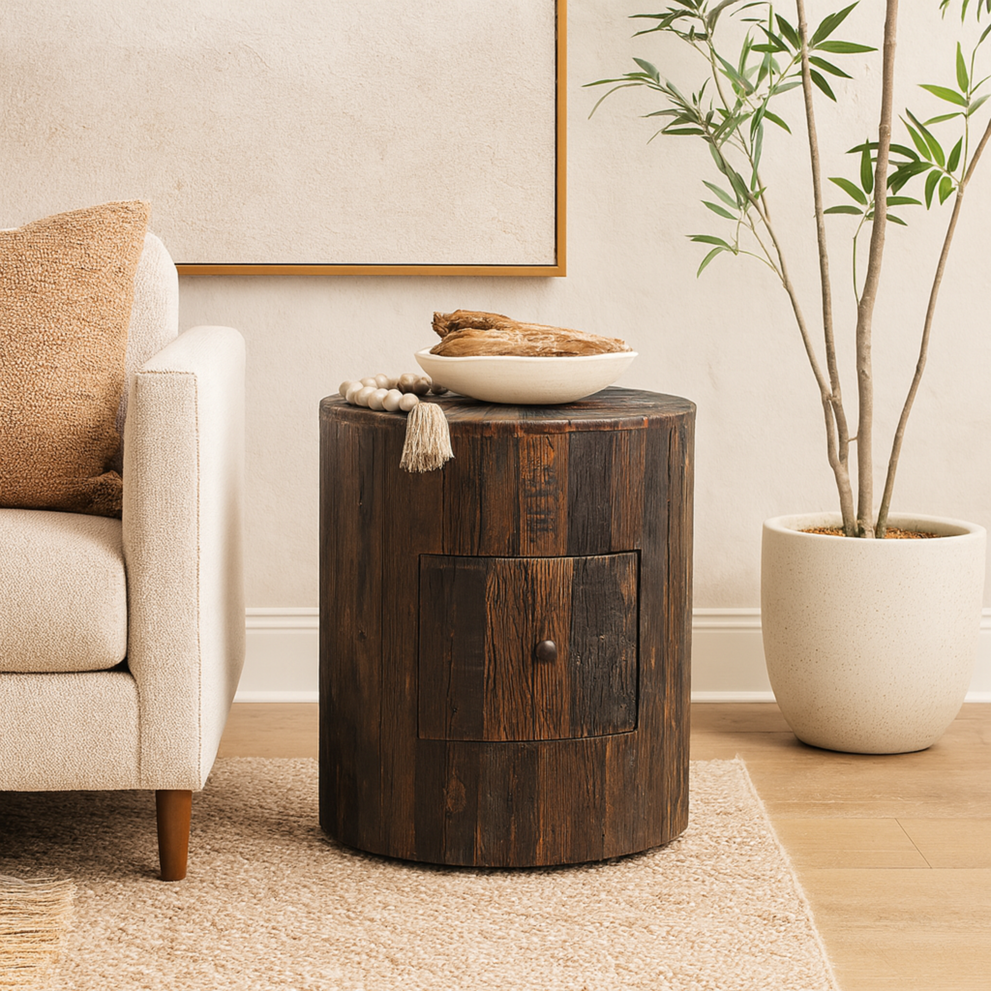 Sunburst Brown Wood Slatted Drum 1 Drawer Side End Accent Table with Natural Wood Texture