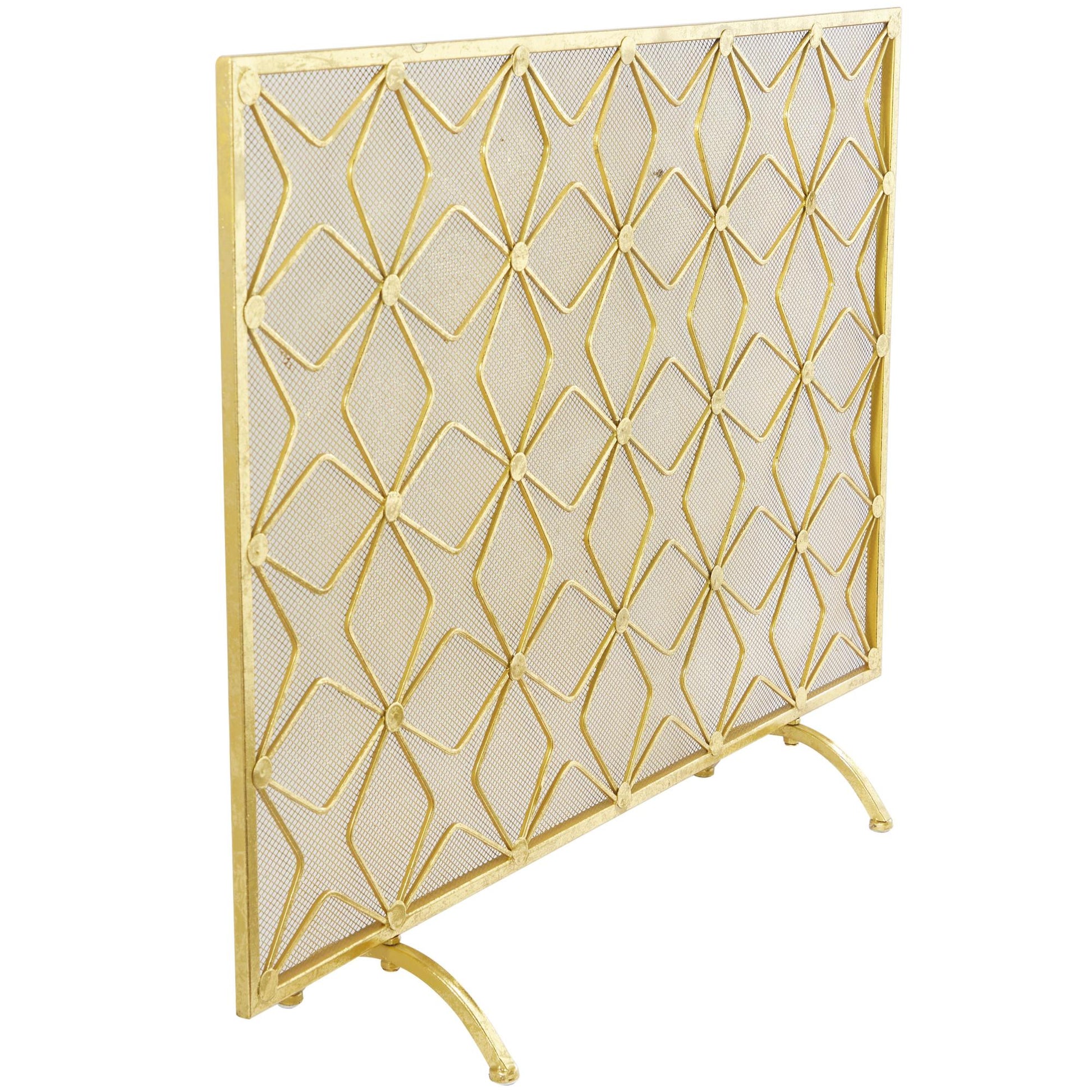 Geometric Gold Metal Star Patterned Single Panel Living Room Fireplace Screen with Mesh Netting