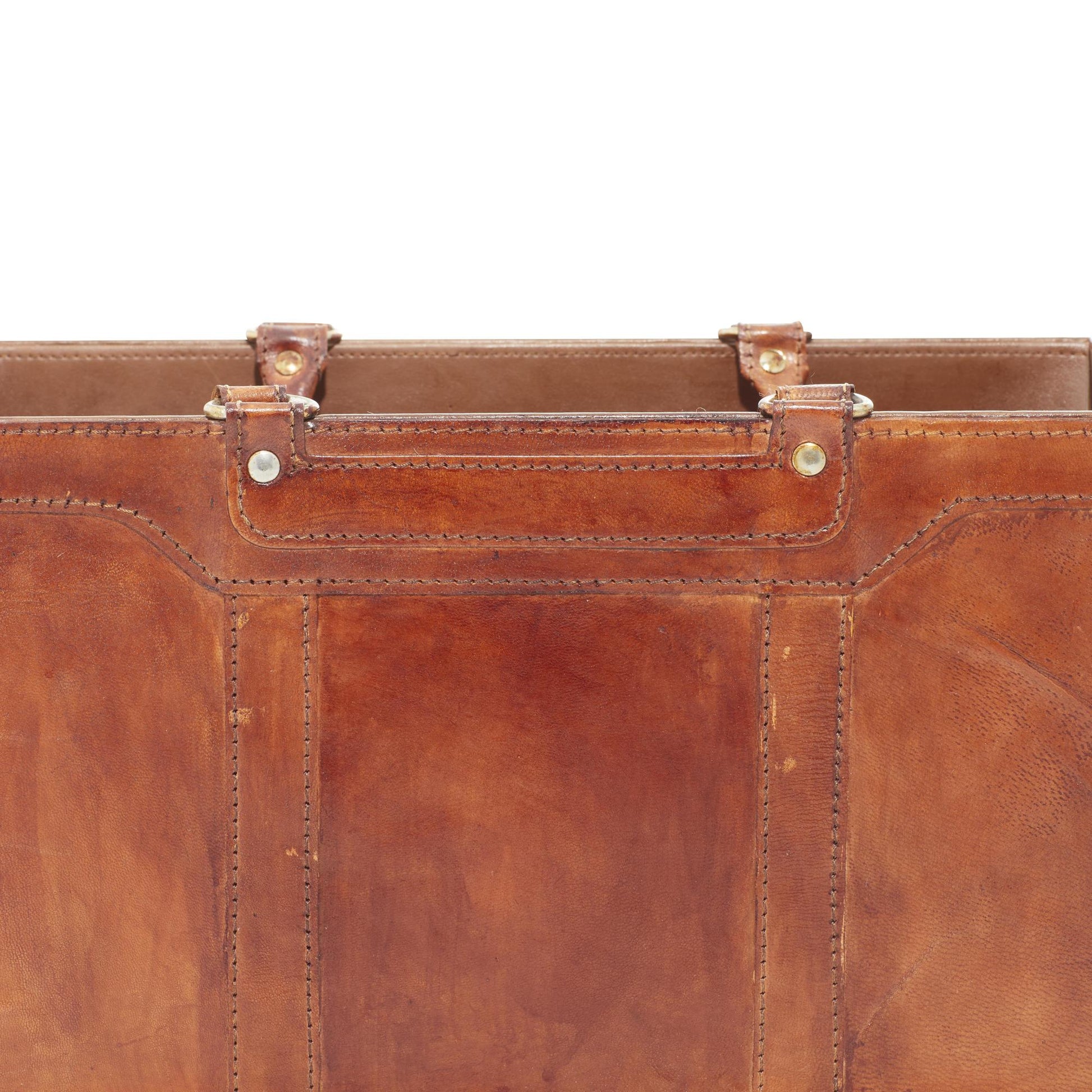 Brown Leather Handmade Box Style Decorative Magazine Holder with Detail Stitching and Curved Handles