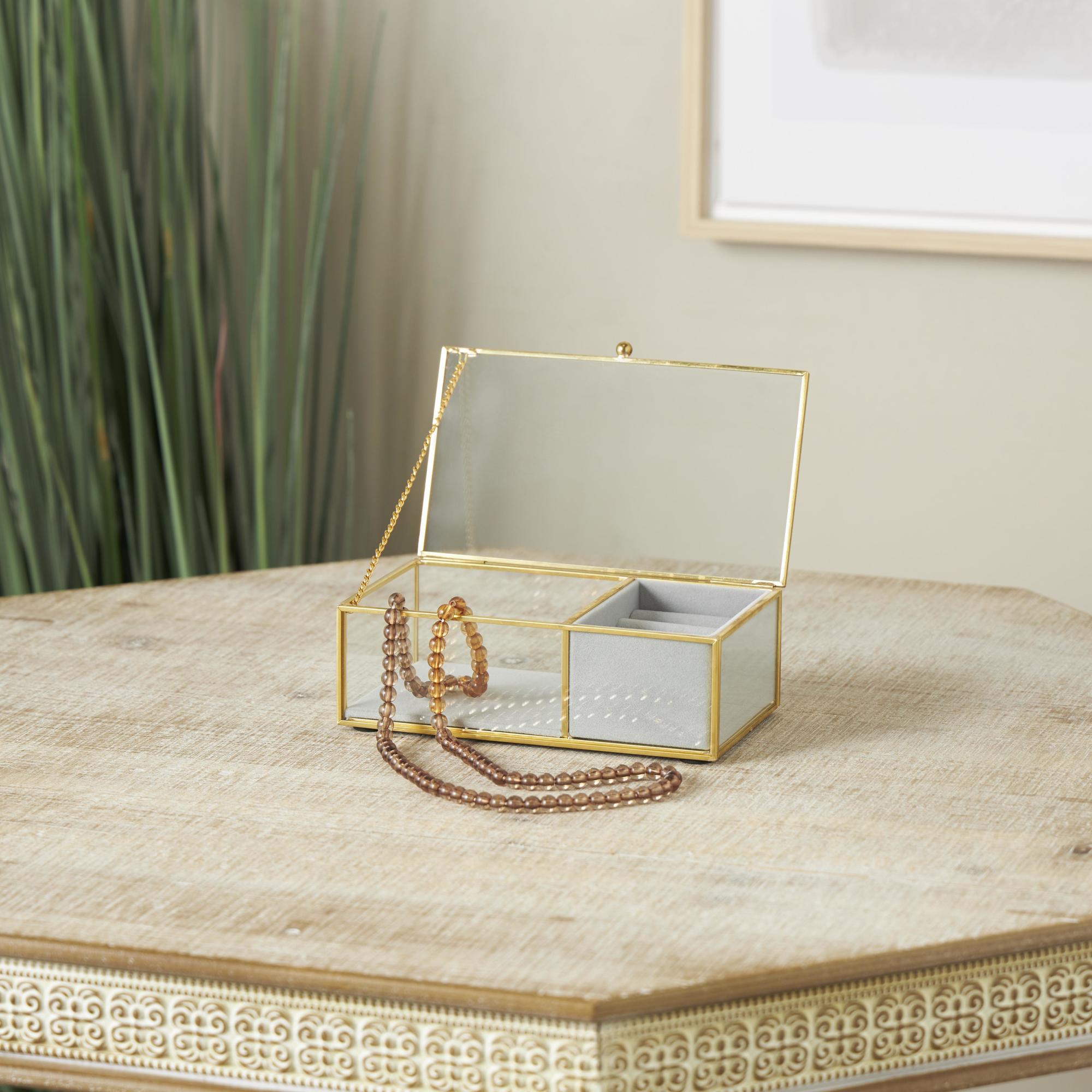 Clear Glass Decorative Jewelry Box with Gold Metal Frame and Gray Fabric Interior with Ring Slots