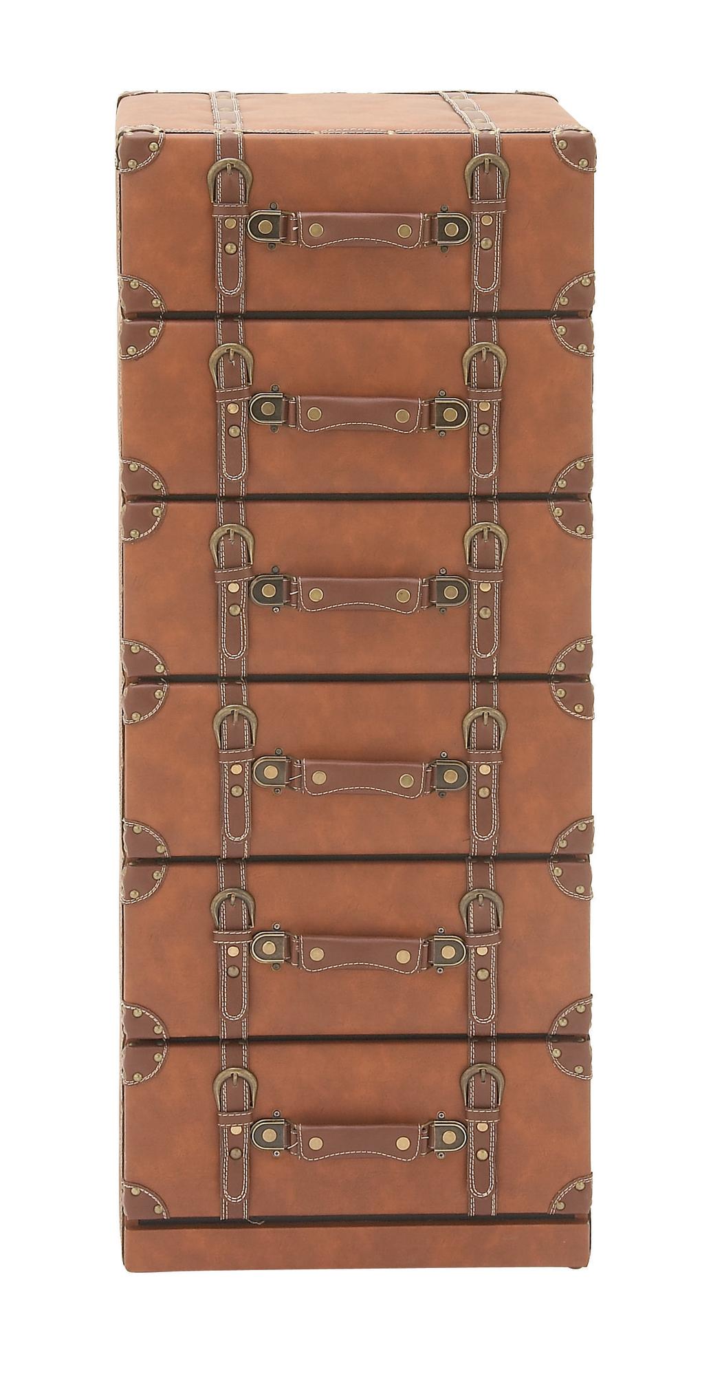 Brown Wooden Faux Leather 6 Drawer Room Chest with Buckle and Strap Detailing