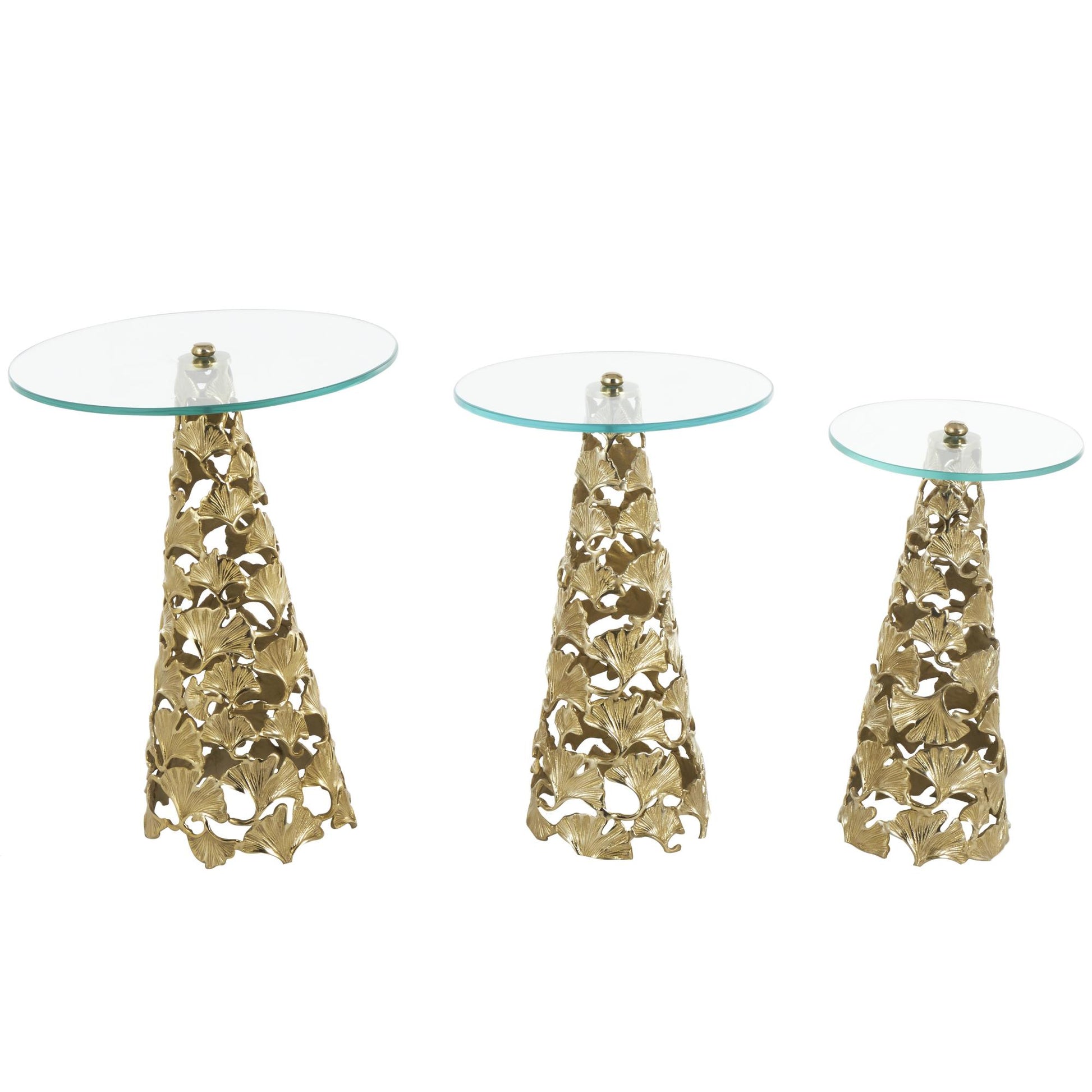 Set of 3 Floral Aluminum Metal Cutout Cone Shaped Side End Accent Table with Tempered Glass Tabletop