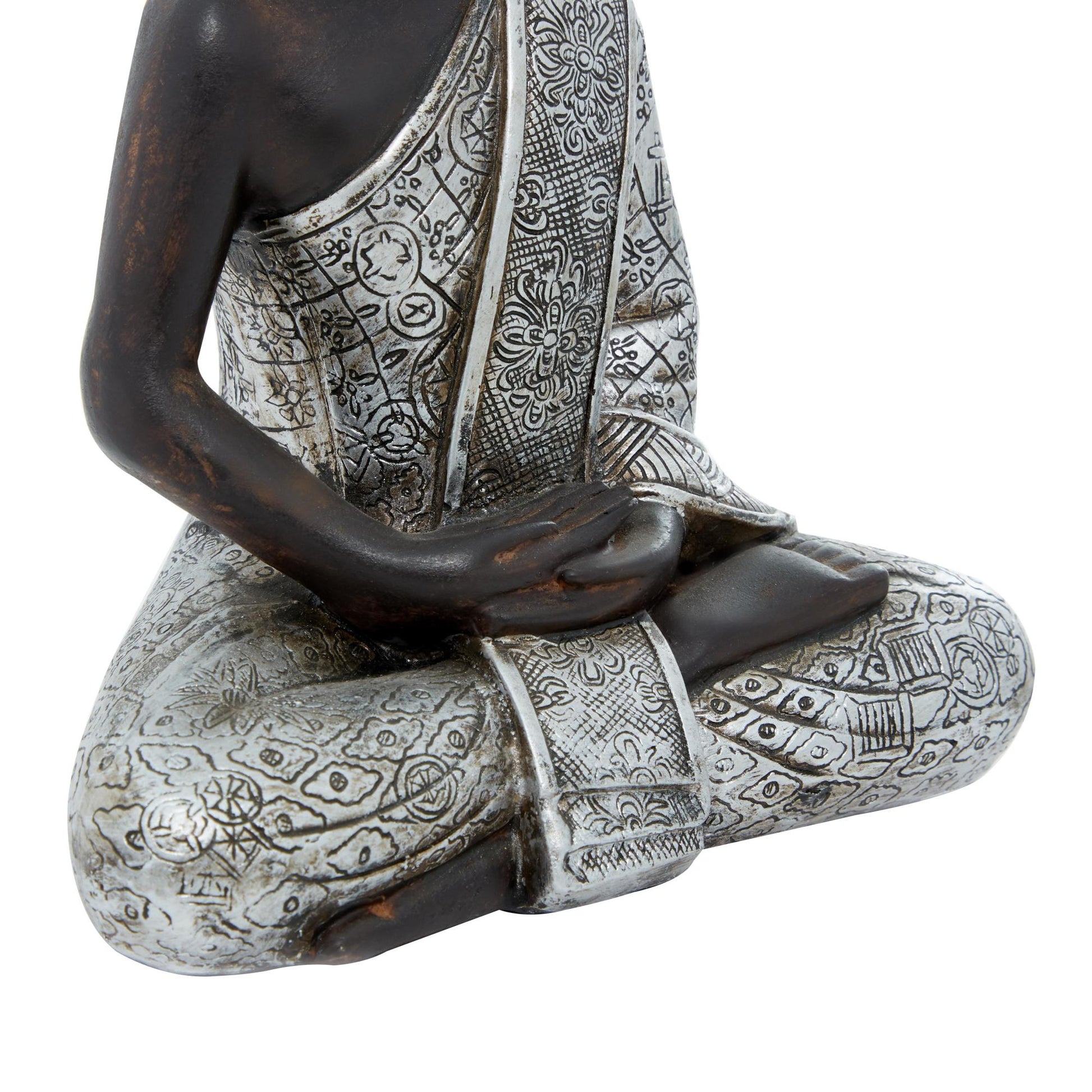 Buddha Silver Polystone Meditating Decorative Sculpture with Engraved Carvings and Relief Detailing