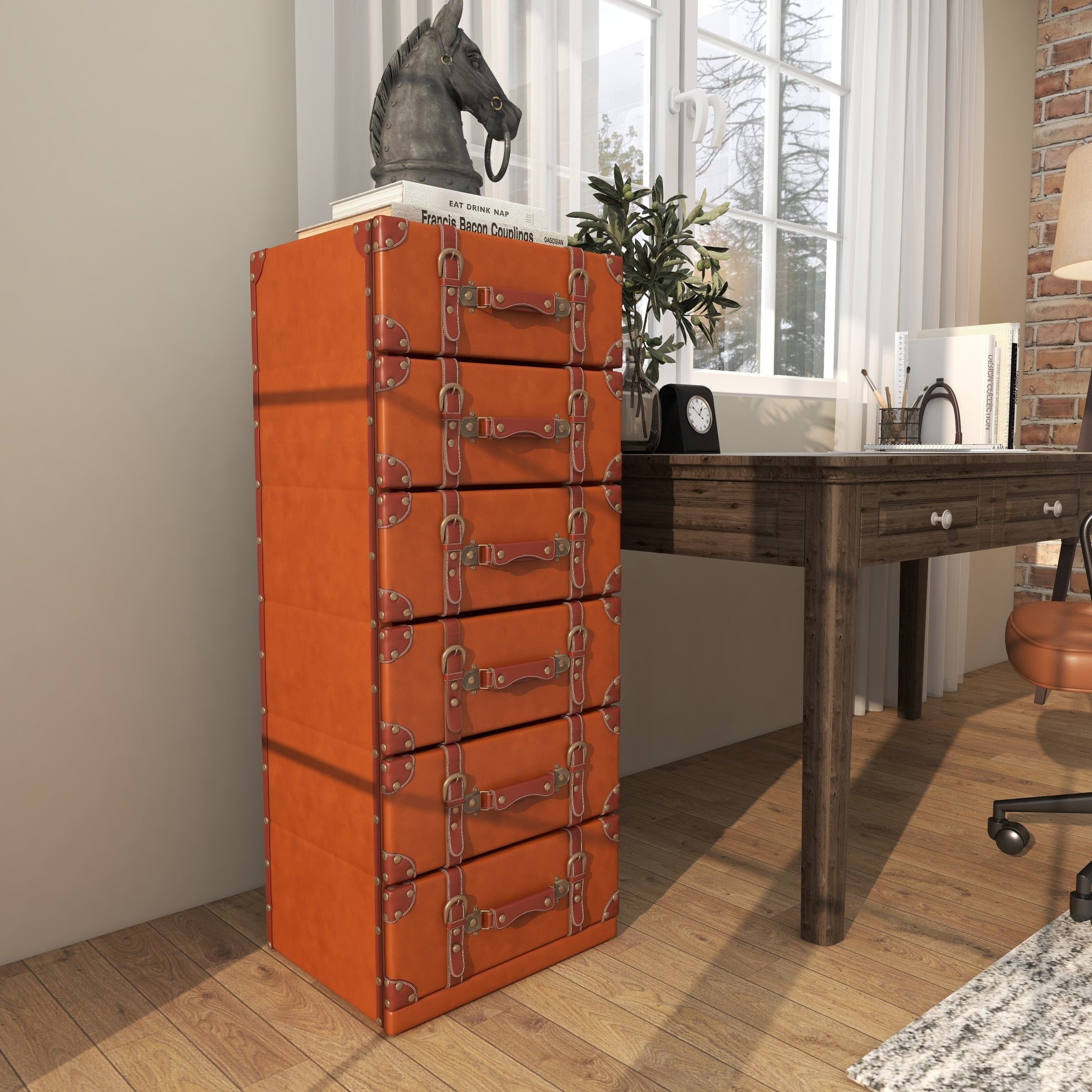 Brown Wooden Faux Leather 6 Drawer Room Chest with Buckle and Strap Detailing