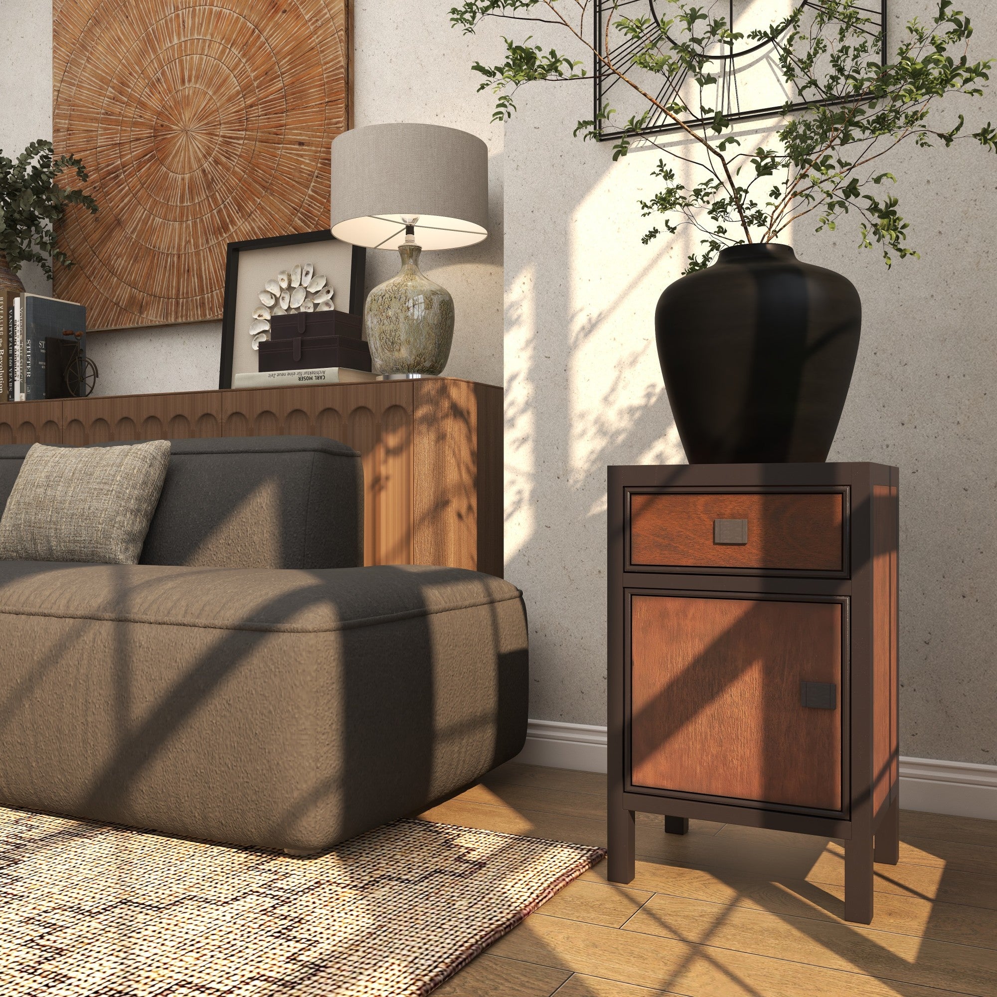 Dark Brown Wood Square 1 Door and 1 Drawer Room Cabinet with Black Frame