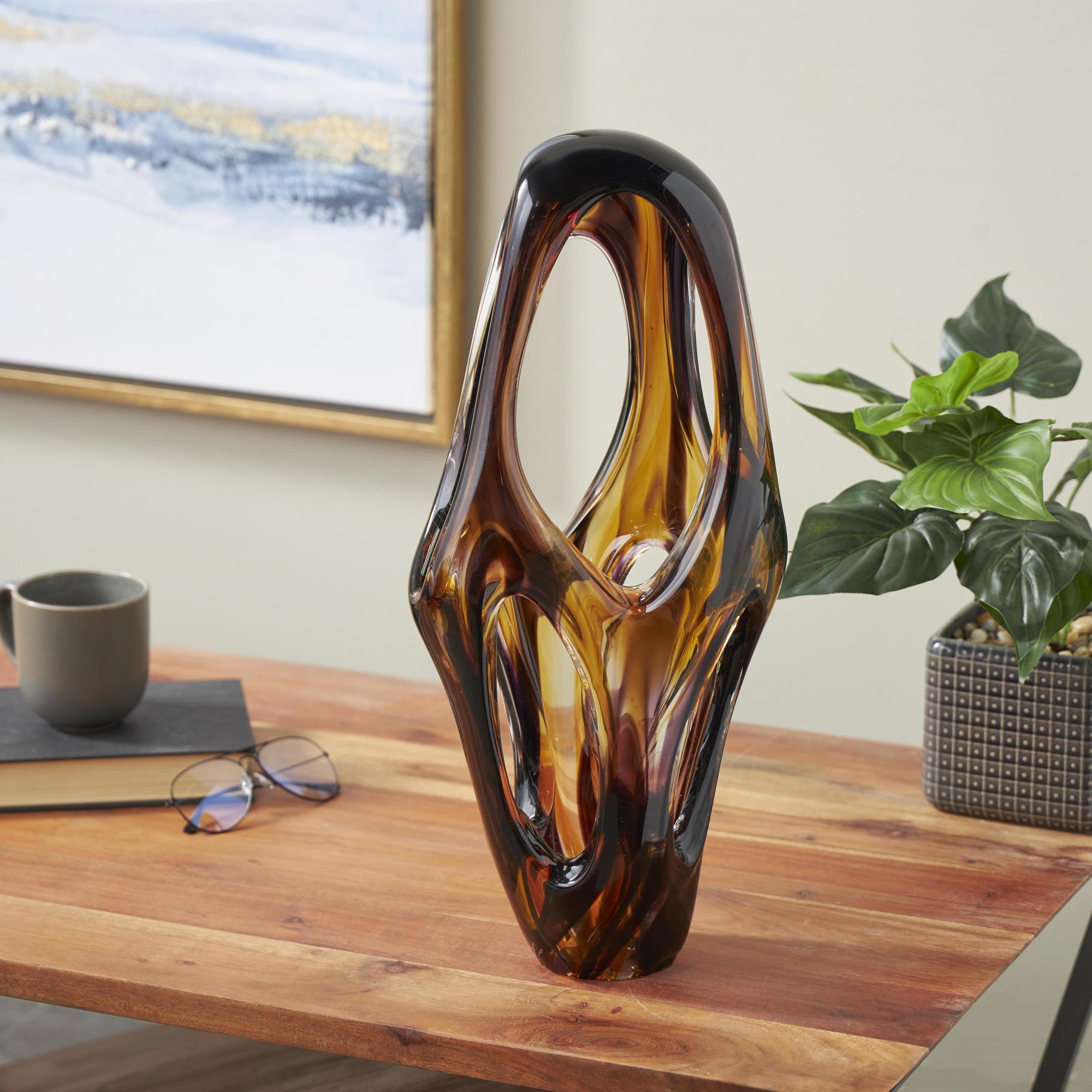 Abstract Yellow Glass Cutout Decorative Sculpture with Pink and Amber Accents