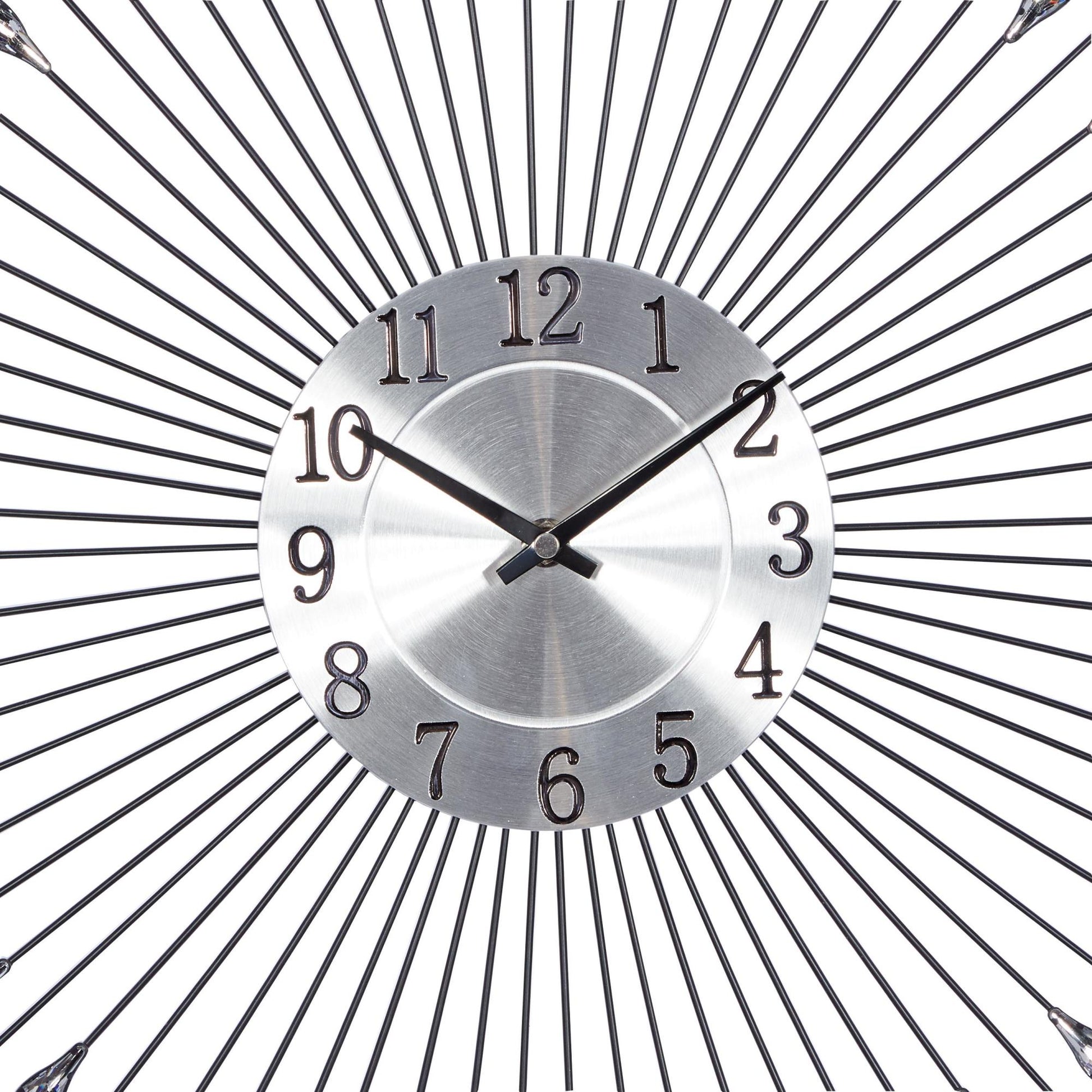 Starburst Silver Metal Decorative Wall Clock with Crystal Embellishment