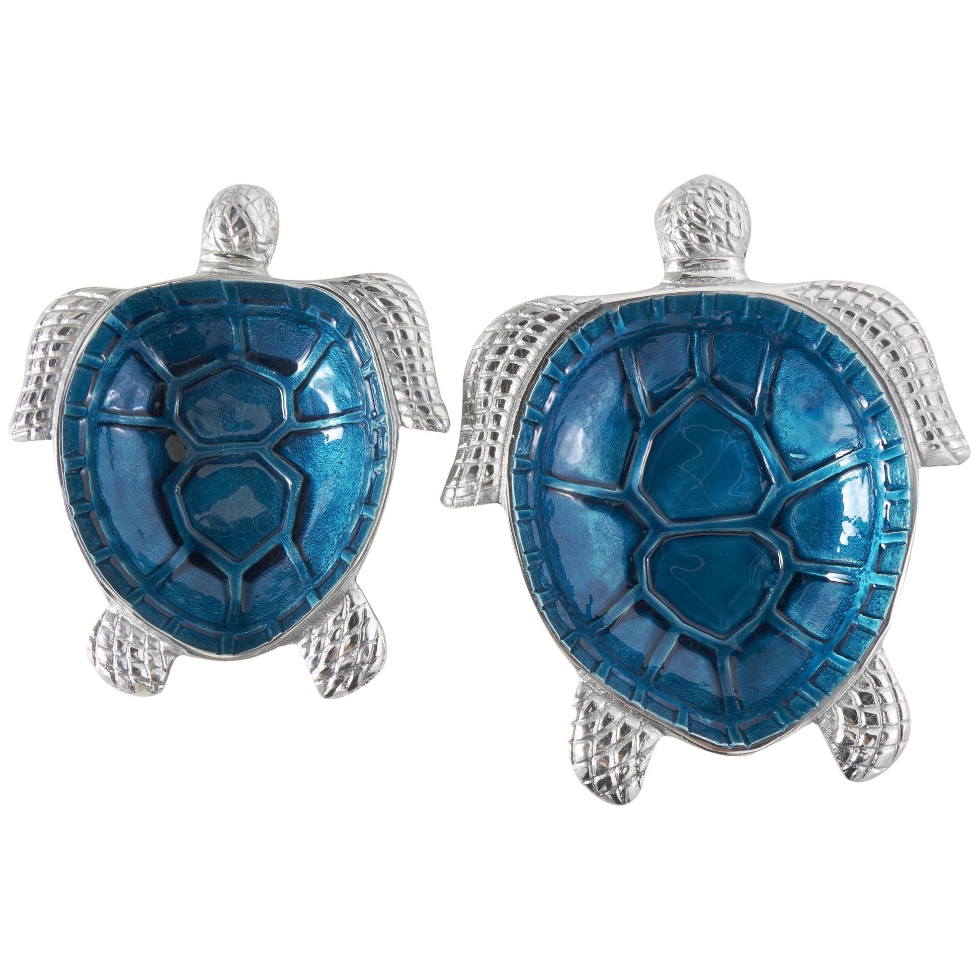 Set of 2 Turtle Aluminum Metal Handmade Enameled Large Decorative Bowl with Silver Metal Exterior