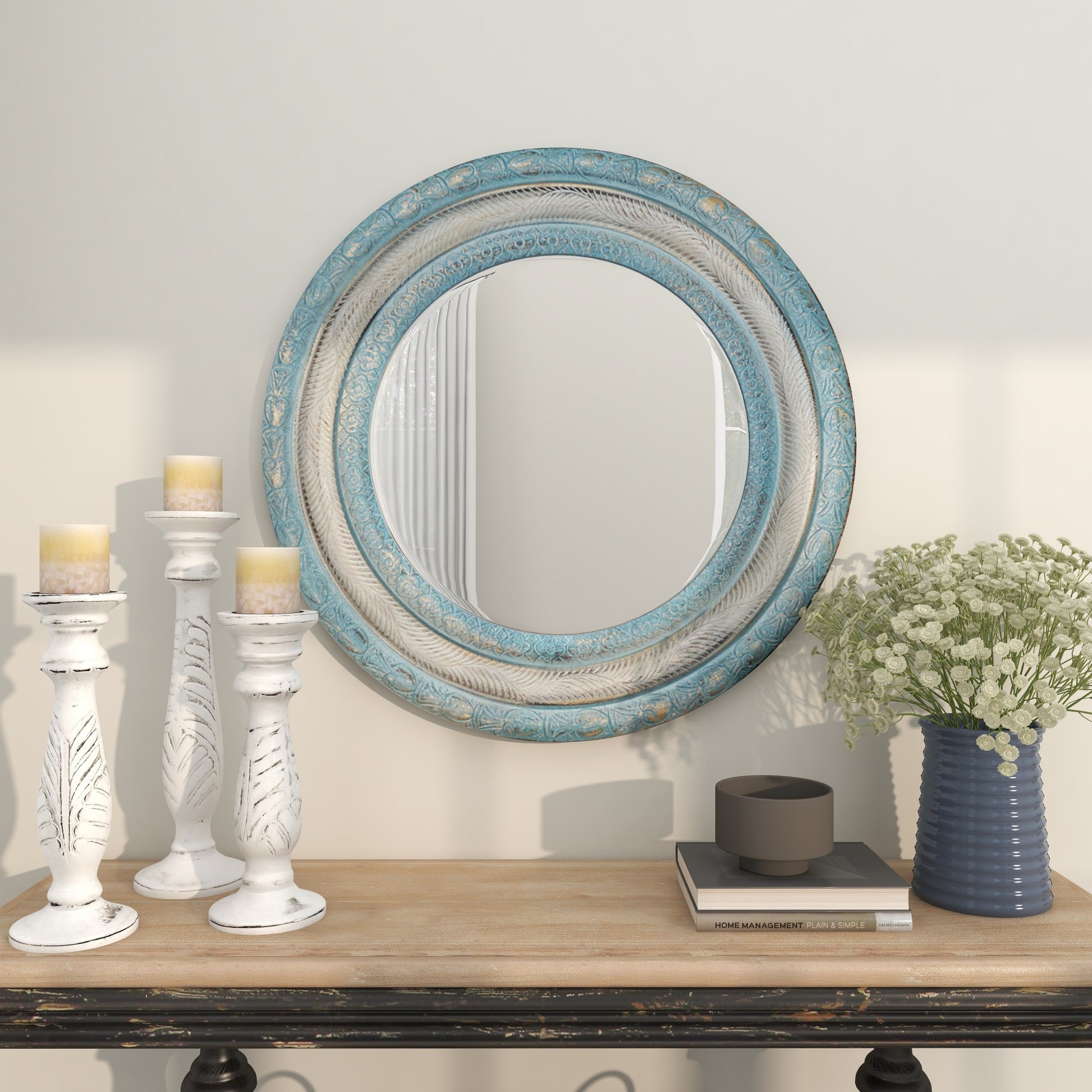 Floral Blue Wooden Distressed Carved Room Wall Mirror with Gold and Beige Accents