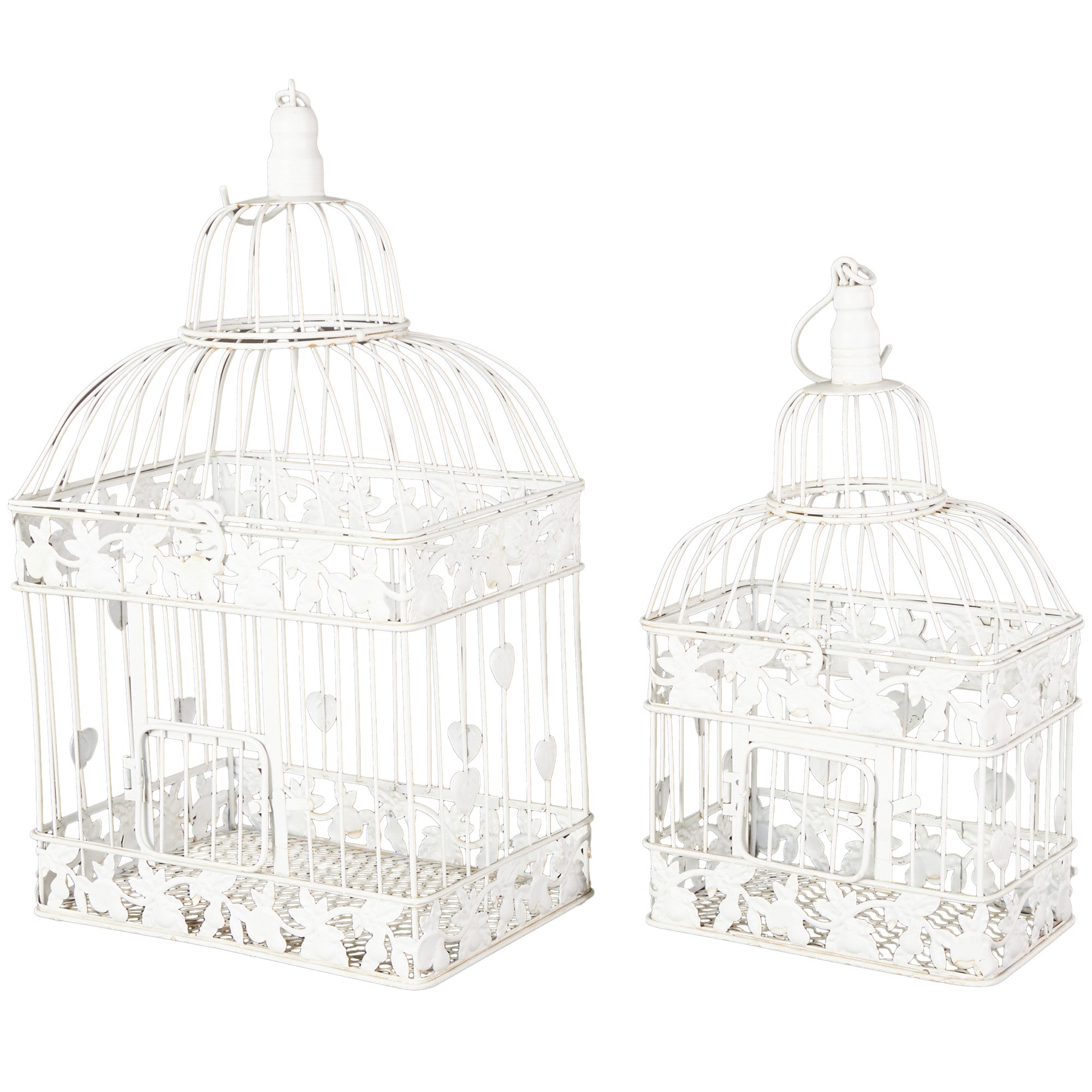 Set of 2 White Metal Indoor Outdoor Hinged Top Decorative Birdcage with Latch Lock Closure and Hanging Hook